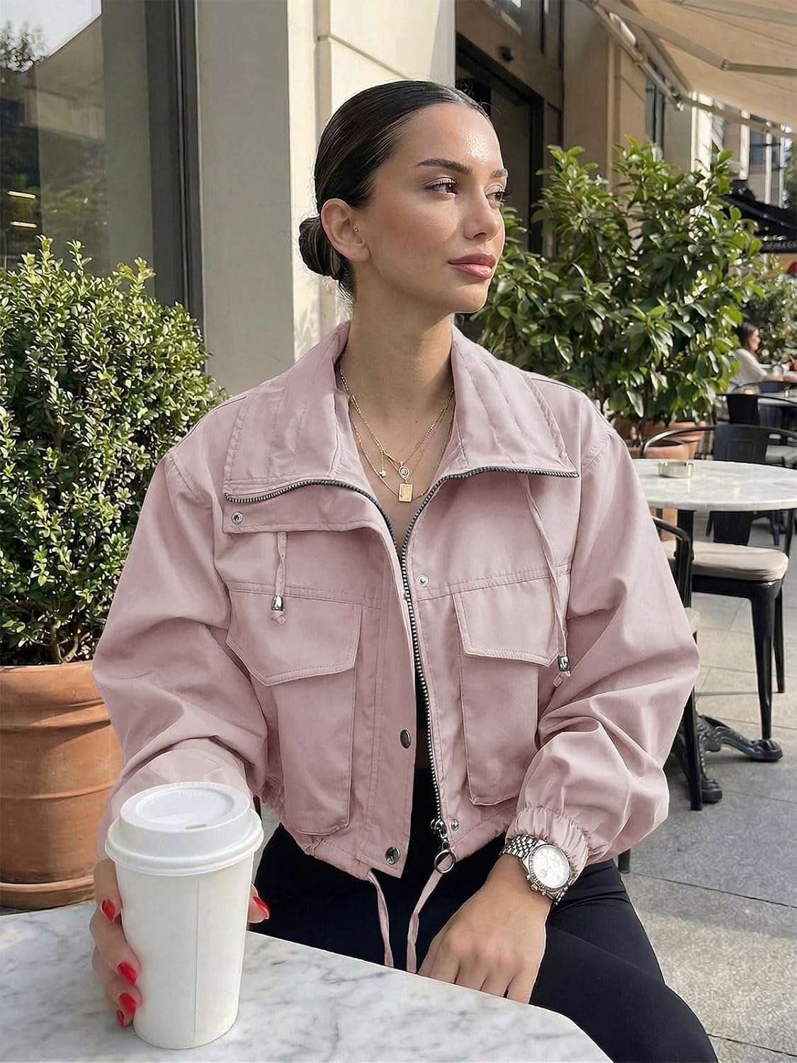  Womens Cropped Jacket Zip Up Lightweight Oversized Utility Anorak thumbnail