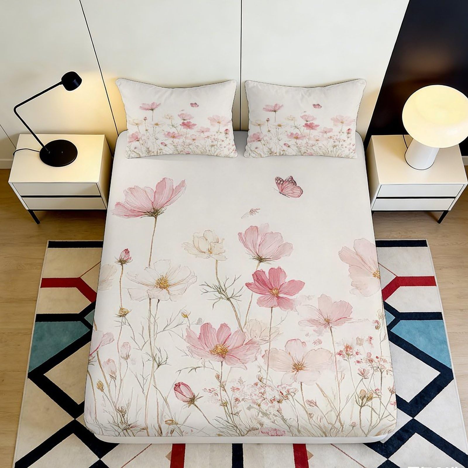 3D Printed Pink Floral Fitted Sheet Microfiber Soft Breathable Butterfly Meadow Bed Cover for Bedroom Guest Room Decor 90x200x25cm