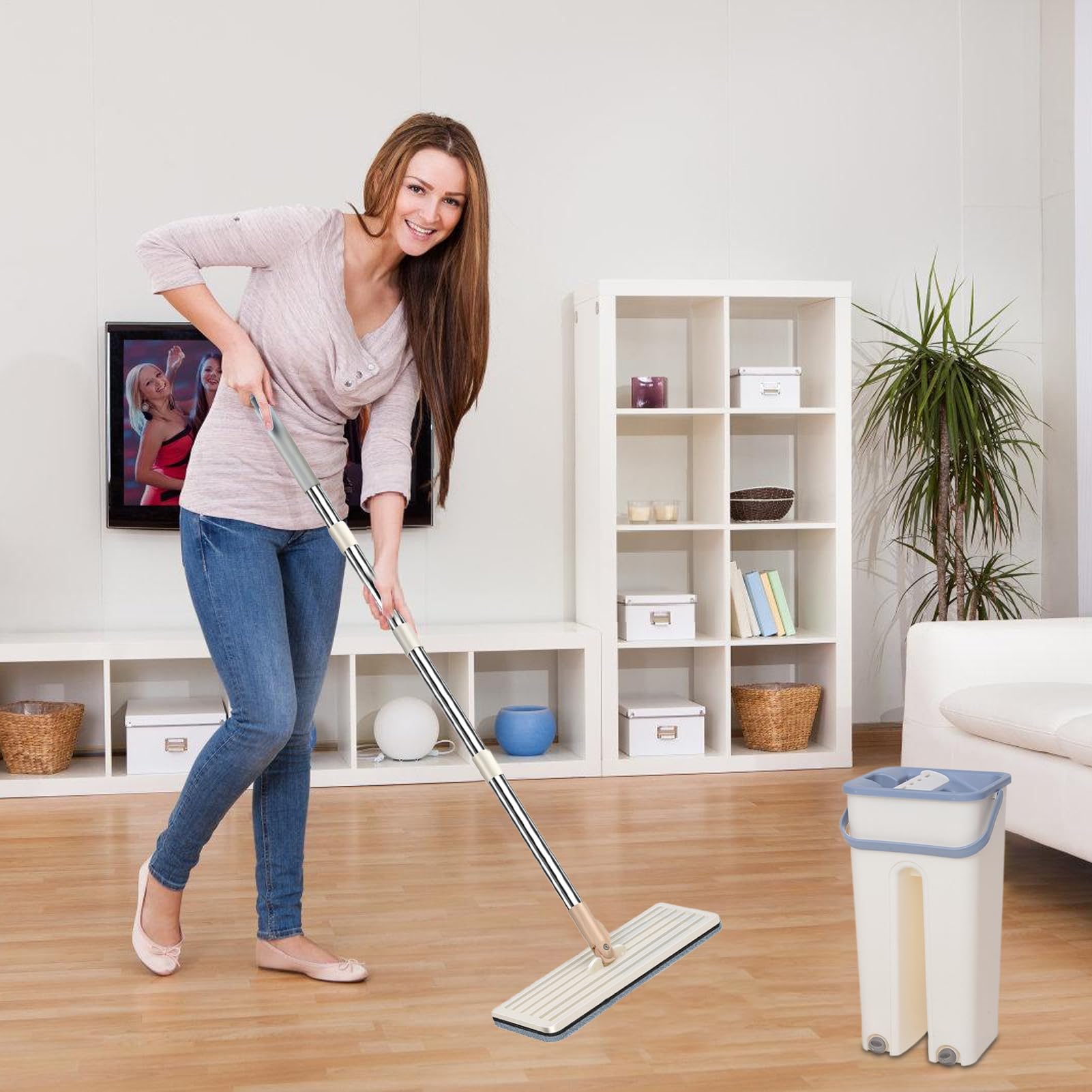 Mopa Plana Microfibra - Mopa Fregona con Cubo Escurridor - Trapeador para Limpiar Azulejos Y Paredes, Adecuado para Suelos De Madera, Vidrio, Suelos Compuestos Y Baldosas Cerámicas