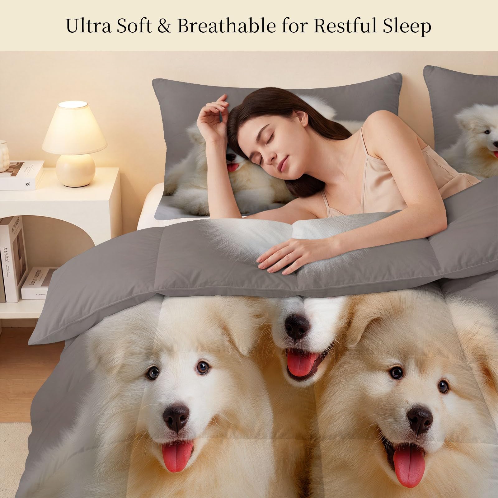 Couette Réversible Chien Samoyède Animal de Compagnie pour Lit 2 Personnes Couette sans Housse Mignon pour Enfants Lavable en Machine avec Taies d'oreiller pour Toutes Saisons, Gris, 200 x 200 cm