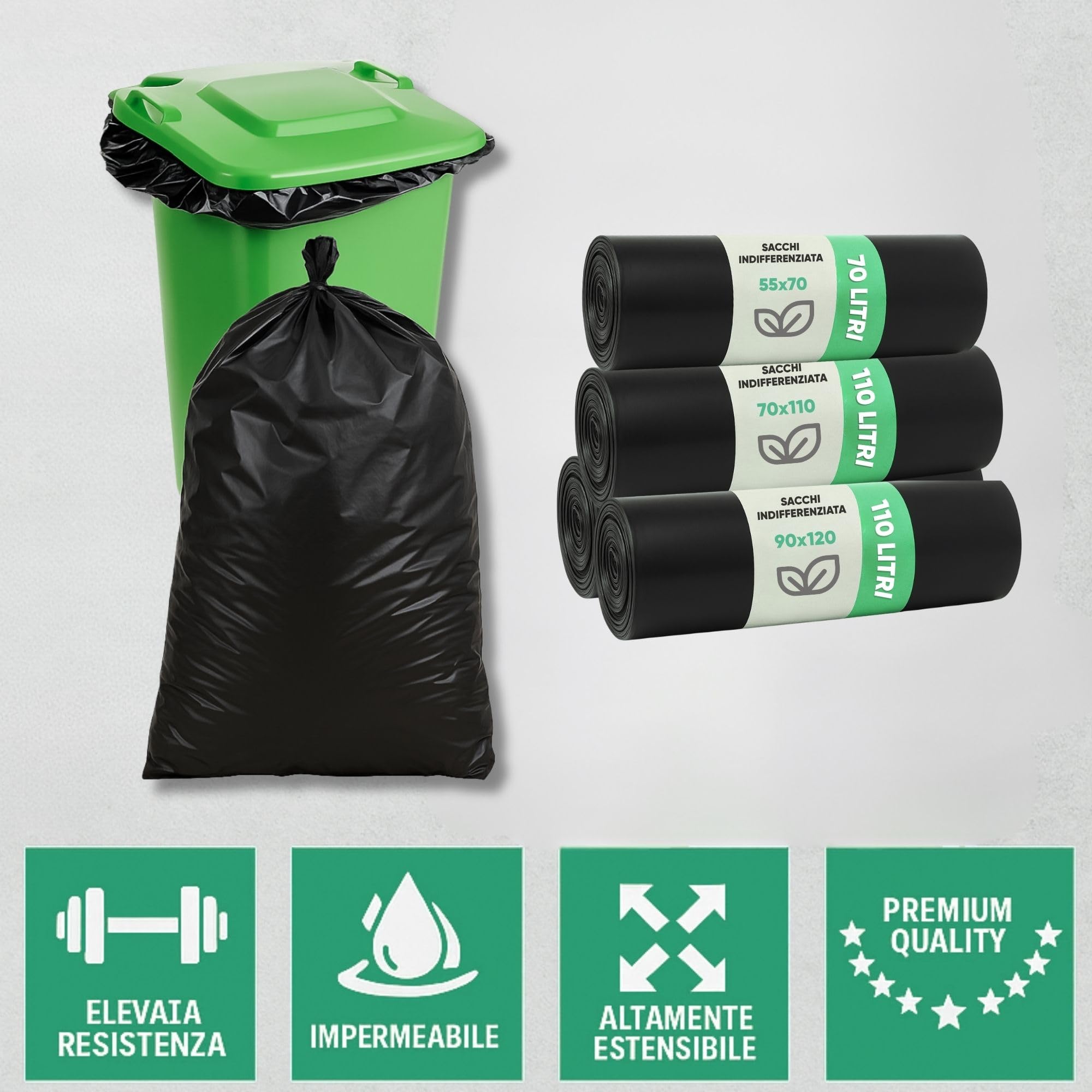 300 Buste Spazzatura per Differenziata - Resistenti, Antigoccia e con Grammatura Media - Multipack per Uso Domestico, Ufficio e Attività Commerciali - Nero, 55x70