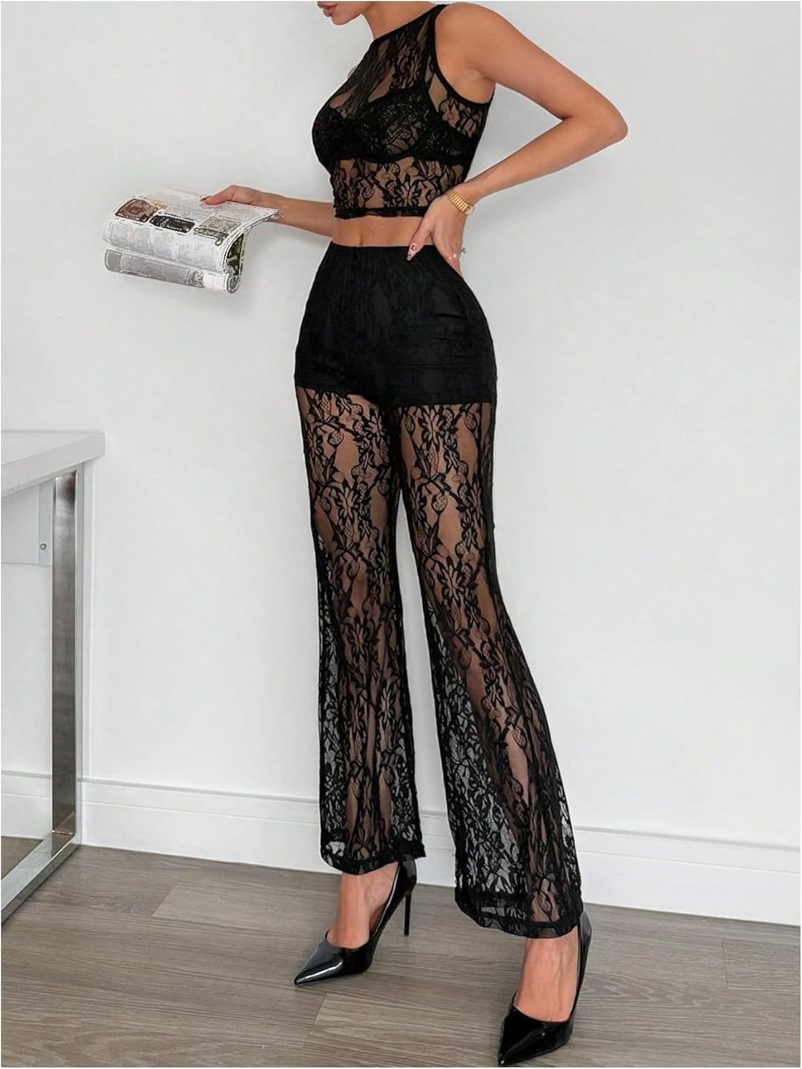 GORGLITTER Women's Sexy Club Party Outfits Lace Sleeveless Crop Tank Top Flare Leg Pants Sheer Mesh Going Out Set - Image 2