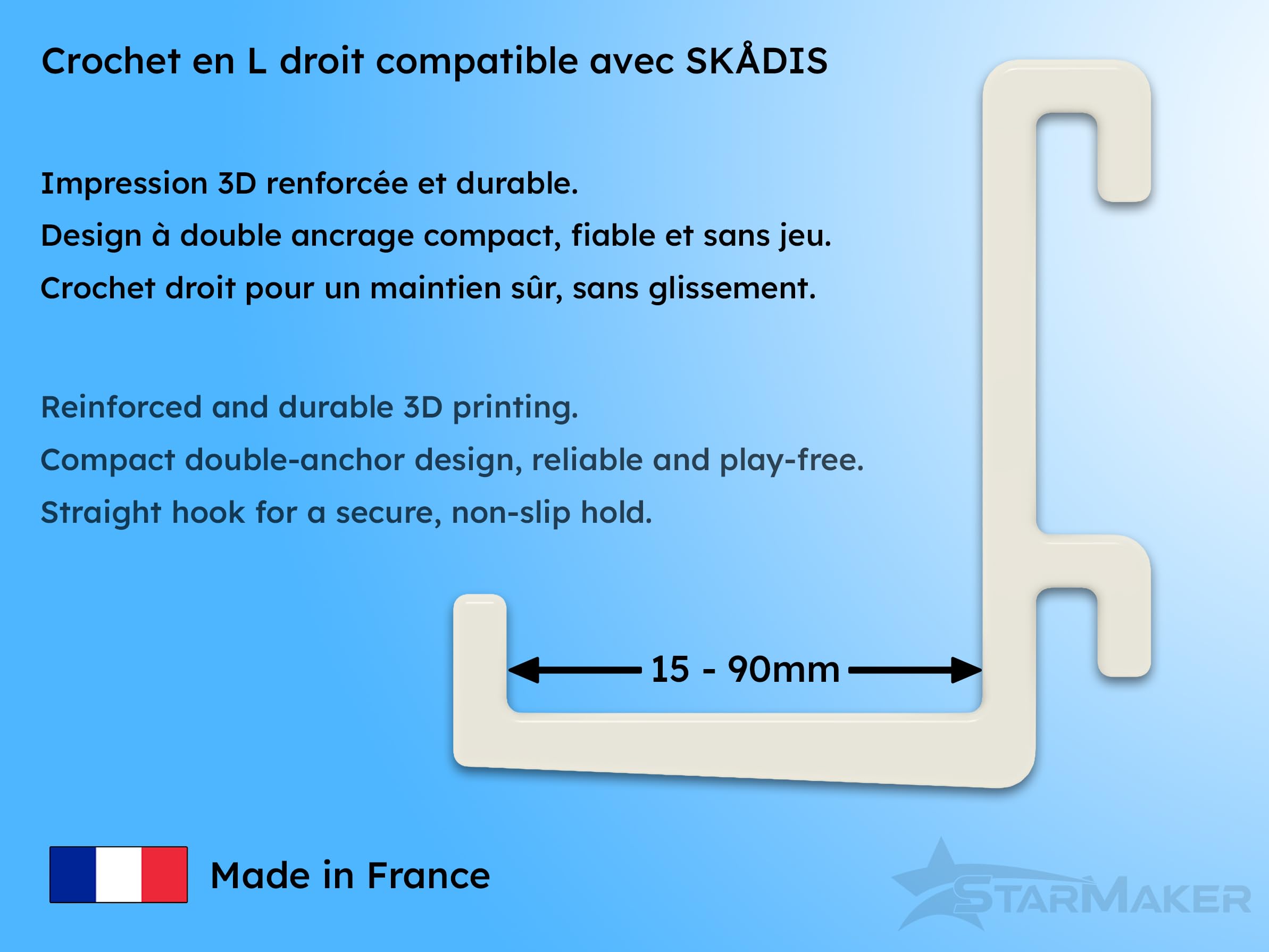 Set di 6 ganci per pannello forato Ikea Skadis - Gancio a L dritto, 75 mm - Supporto da parete, pannello per utensili e accessori