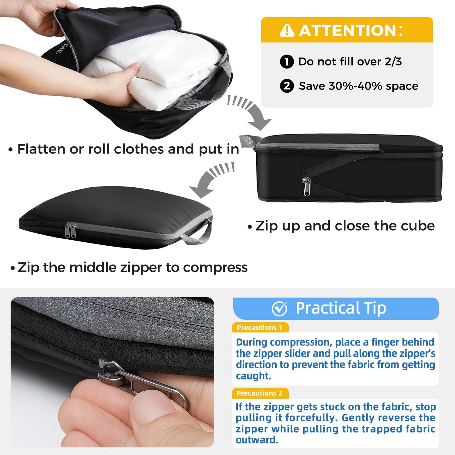 BAGAIL 4 Set/6 Set/8 Set Compression Packing Cubes Travel Accessories Expandable Packing Organizers (Cloth Pattern, 4-Black)