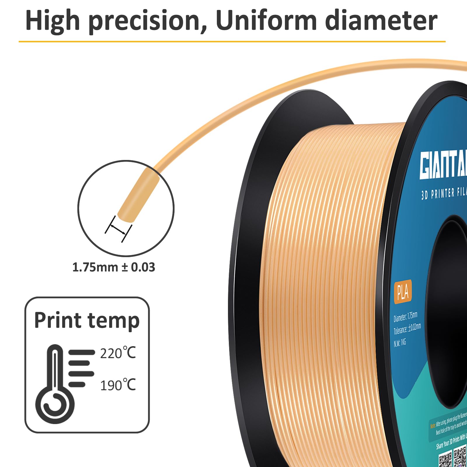 Filamento PLA 1,75 mm, GIANTARM Stampante 3D PLA Filamento 1 kg Spool (Oro sabbia)