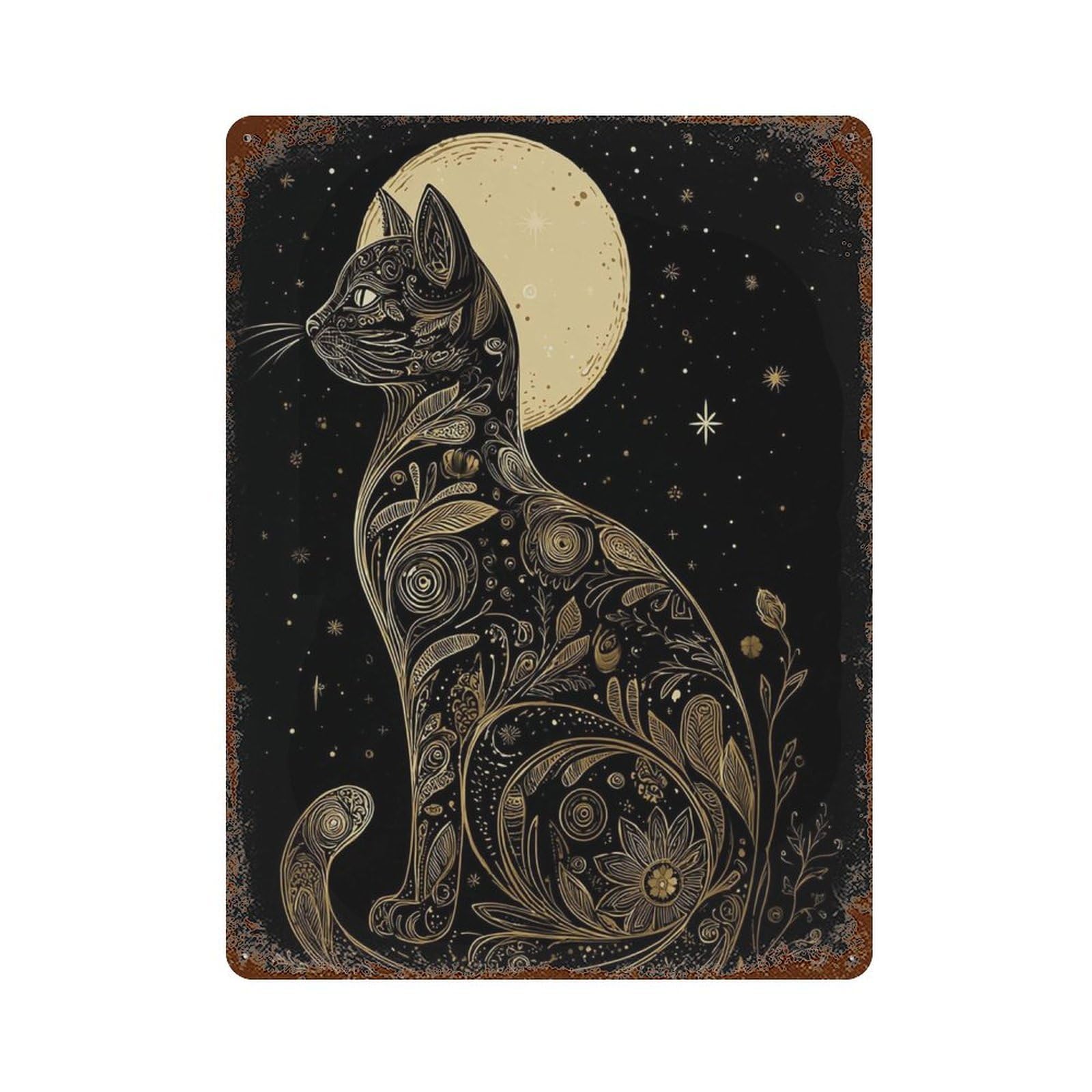 xiaoxiaoshen Moon Cat Mystical Black Celestial Night Sky Bohemian Lunar Work Magical Animal Wall Decor Art Metal Tin Poster Modern Home Decor Art Home Bar Shop Decorations Vintage Sign 40x30cm