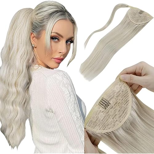 LaaVoo Blonde Hair Extensions Ponytail Human Hair Wrap Around #60 Ponytail Extensions Clip ins for Women 14 Inch 70g #60 Platinum Blonde