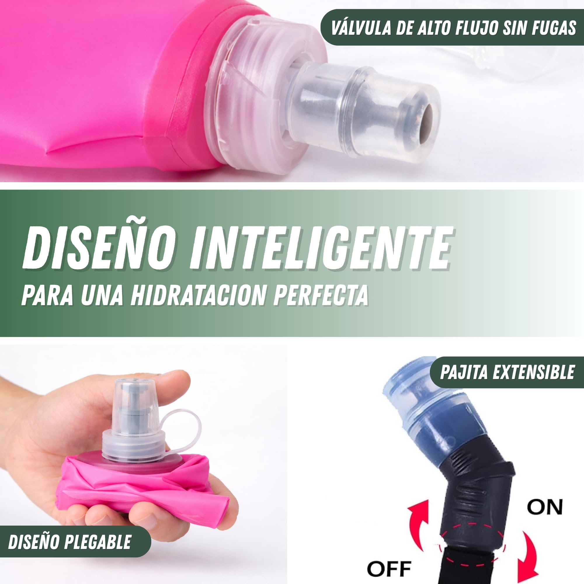 Soft Flask 500ml Pack de 2 con Pajita Extensible, Botellas Flexibles para Trail Running, TPU Sin BPA (Rosa) - 4