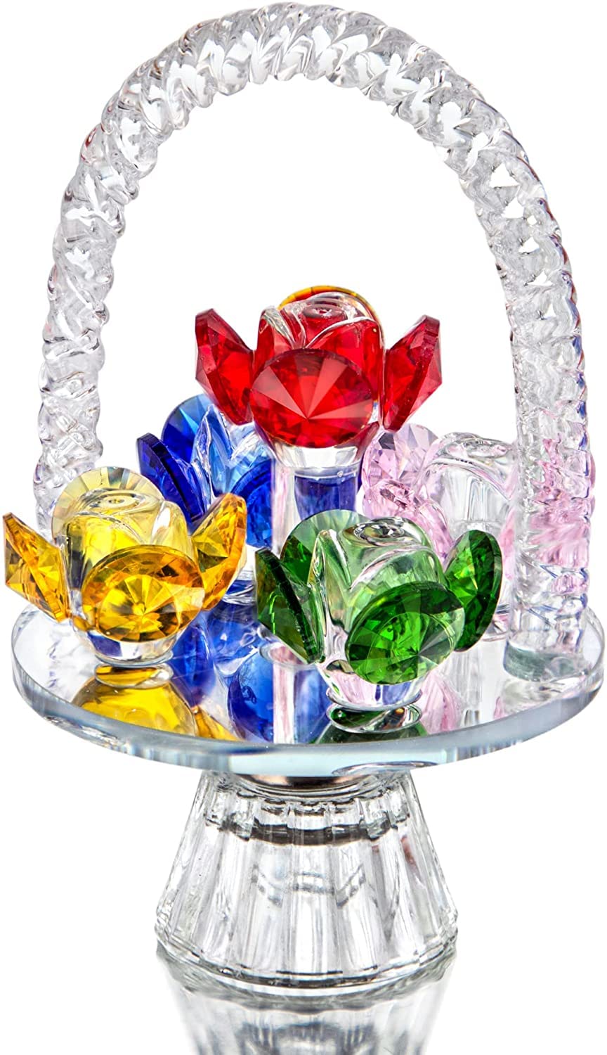 H&D HYALINE & DORA Colorful Crystal Flower Basket Figurine with Rotating Base Ornament,Glass Flower Collectible Figurine for Home Table Centerpiece