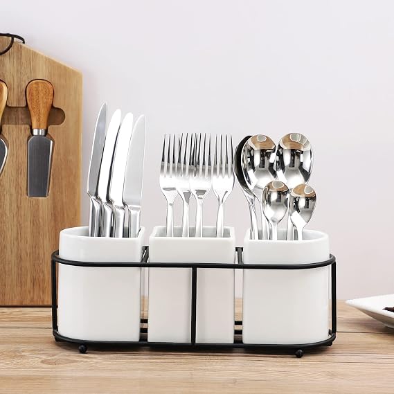 Buyajuju 3 Piece Porcelain Flatware Holder Caddy with Metal Rack,Utensil Holder Caddy For Spoons, Knives and Forks Cutlery Organizer