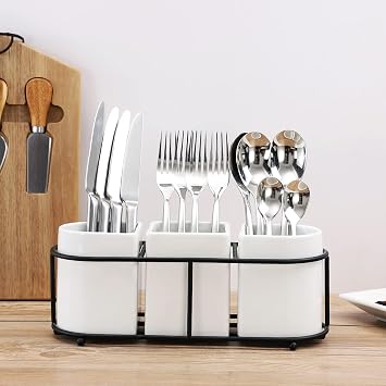 Buyajuju 3 Piece Porcelain Flatware Holder Caddy with Metal Rack,Utensil Holder Caddy For Spoons, Knives and Forks Cutlery Organizer
