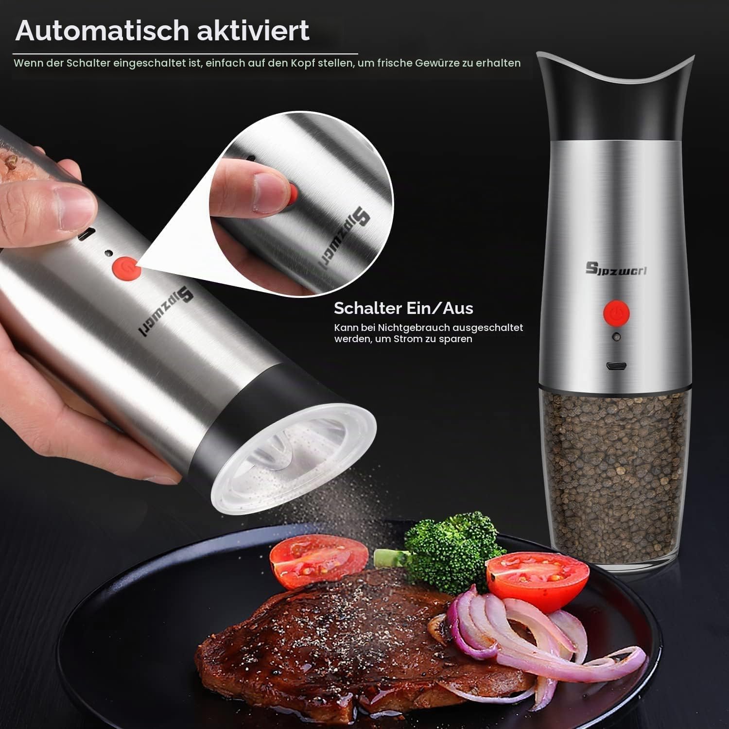 Salz und Pfeffermühle Elektrisch Set: USB Aufladbar Pfeffermühle | Edelstahl Salzmühle Gewürzmühle Elektrisch Set, Einstellbare Grobheit, Einhandbedienung, 2 Pcs