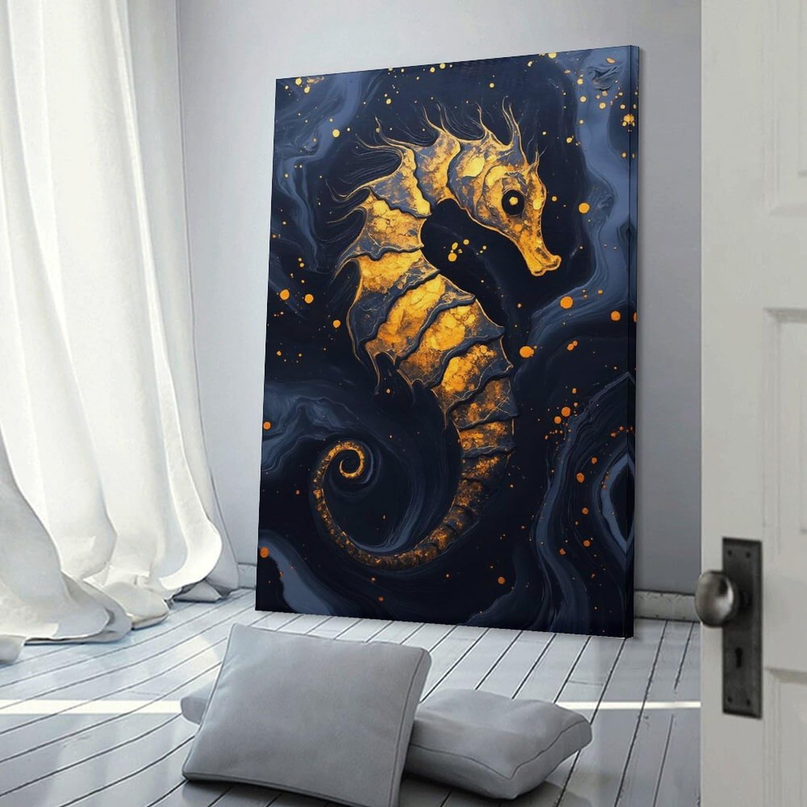Junmoney Frame-Style-24 Golden Seahorse On Dark Blue Background Canvas Wall Decor 16X24inch(40X60cm), For Bedroom Walls, Guest Spaces Or Lounges, A Warm Accent For Relaxed Interiors
