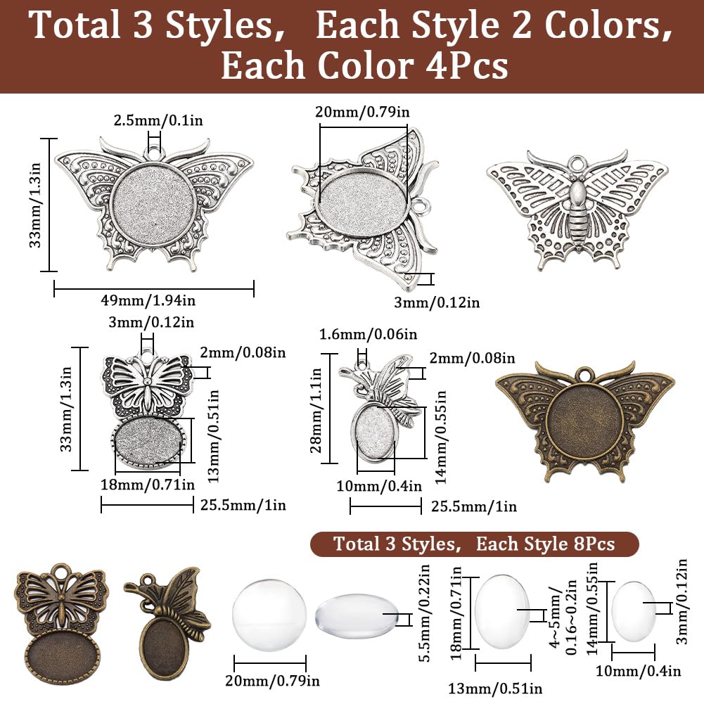 SUNNYCLUE 48 Stück DIY 24 Sets Cabochon Lünettenfassungen Lünette Anhängertabletts Cabochon Rohlinge Antik Bronze Silber Schmetterlings Anhängertablett Rohling Mit Runden Ovalen Glascabochons Für Schm