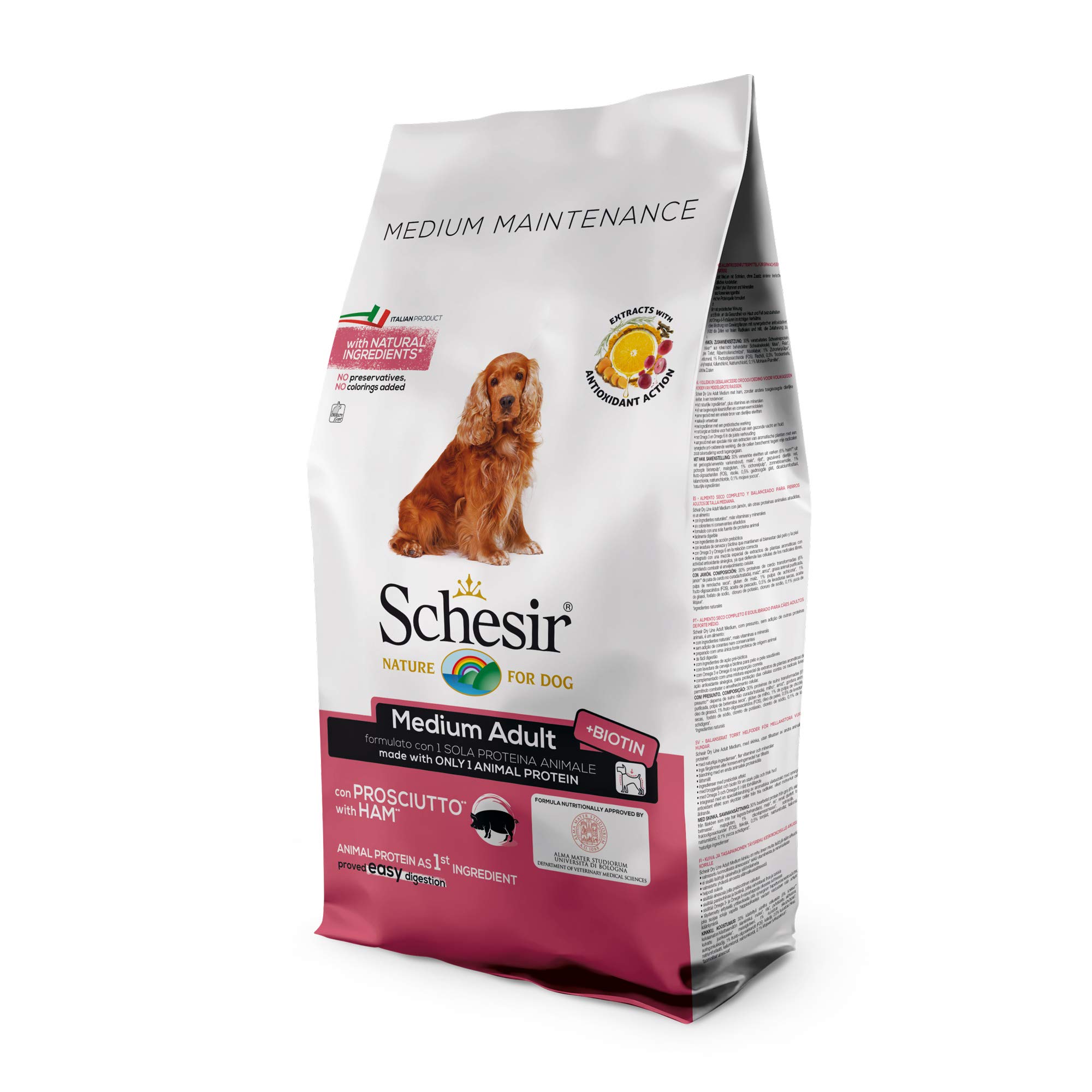 Schesir, pienso para Perros adultos de tamaño mediano, sabor jamón, línea mantenimiento, croquetas - formato bolsa de 12 kg