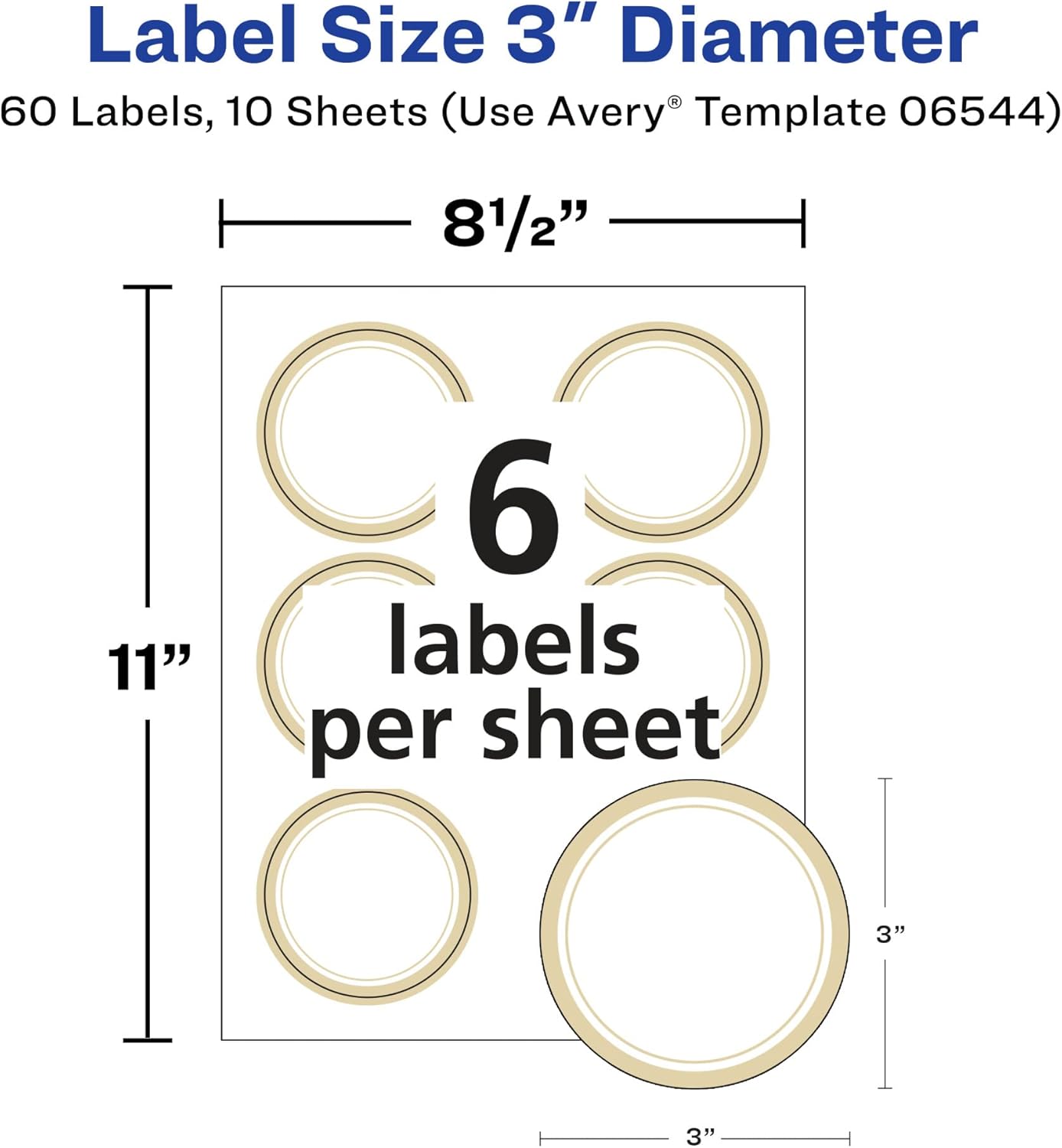 Avery Matte White Labels, Metallic Gold Borders, 3" Round Labels, 60 Total, Laser/Inkjet Printable (6544)