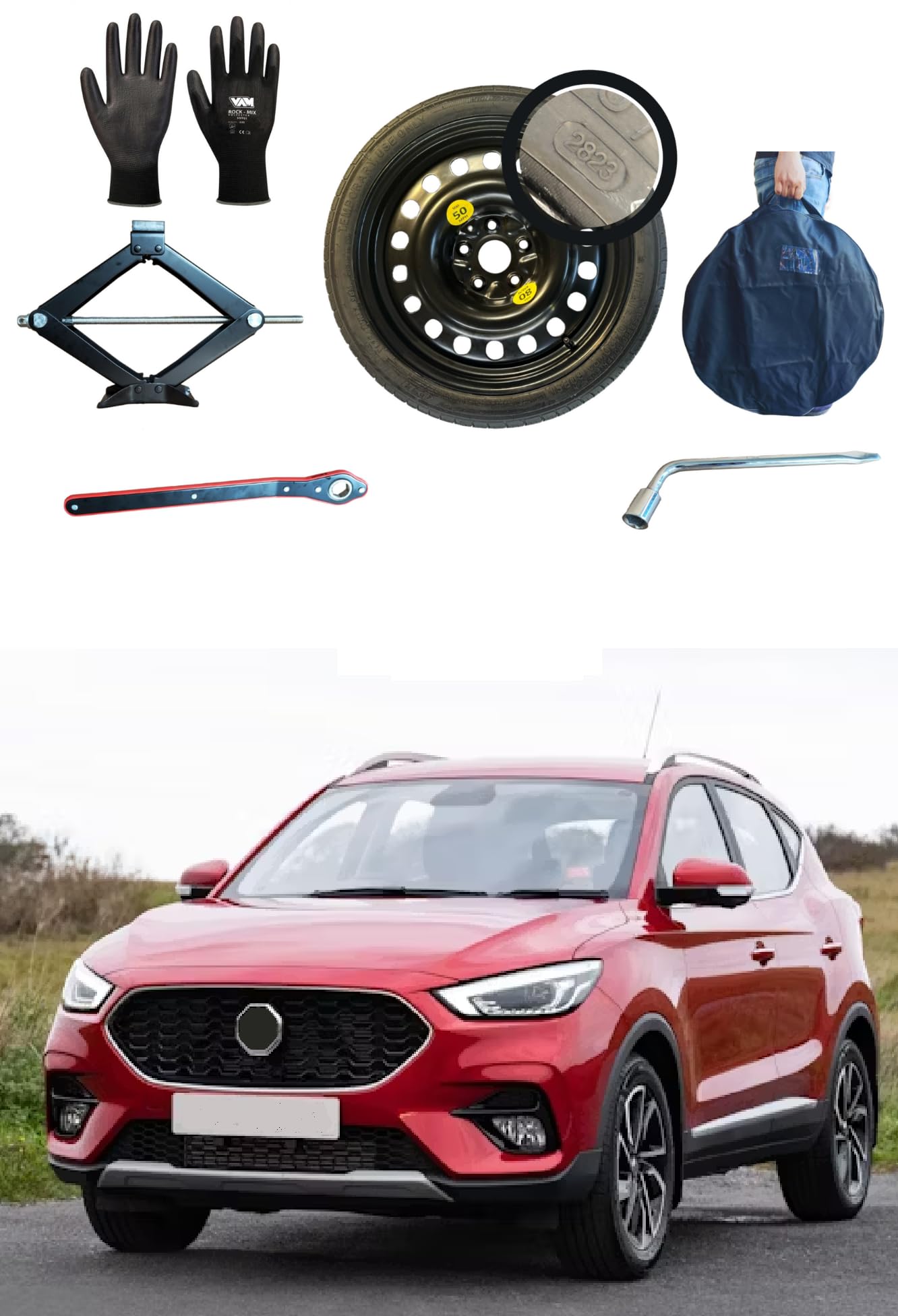 Kit de Rueda de Repuesto 16" compatible con MG ZS Benzina con Gata, Llave, Guantes y Funda 125/90R16