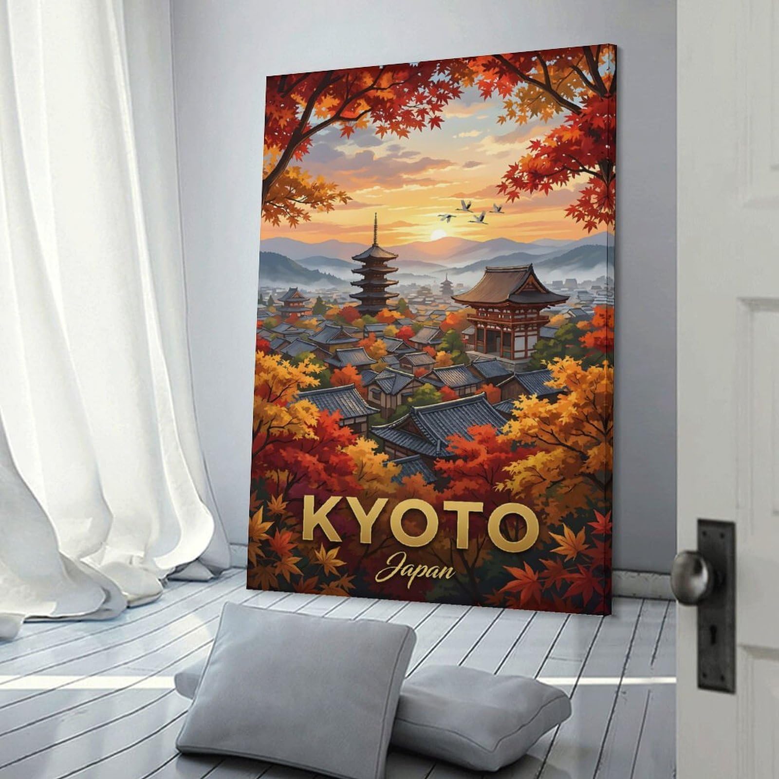 Junmoney Kyoto Japan Autumn Scenery Canvas Wall Picture 24x36inch(60x90cm), for Living Spaces, Bedrooms Or Relaxed Rooms, Modern Wall Decor for Cosy Interiors