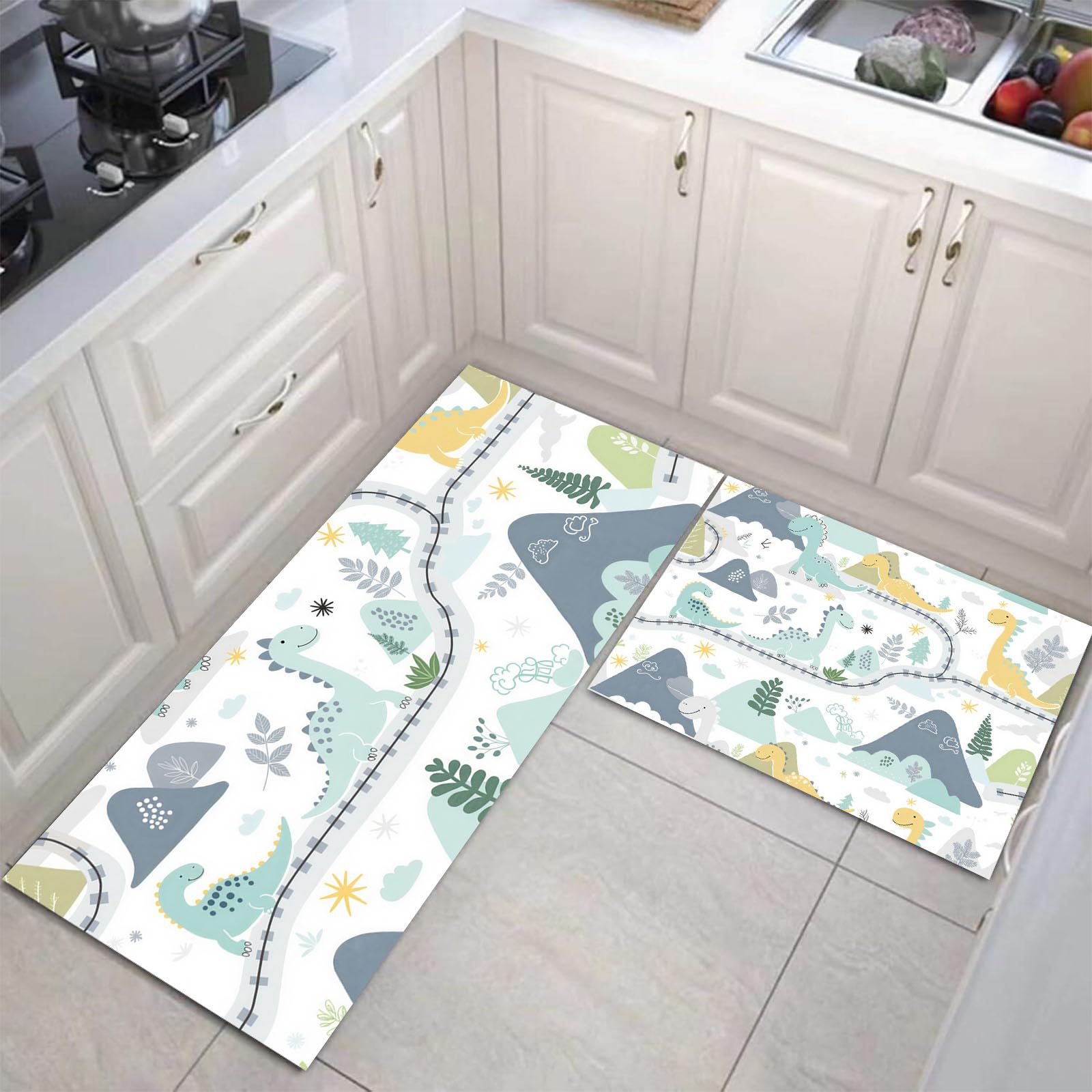 Tapis de cuisine super absorbants lavables lot de 2 tapis de cuisine dinosaures blancs