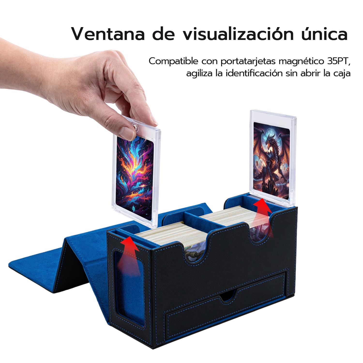 Caja De Tarjetas De Doble Capa para MTG, con Cajón De Dados, 2 Ventanas Laterales, Caja De Cubierta Magnética con Capacidad para Más De 300 Tarjetas para Tarjetas Commander TCG - Azul Negro