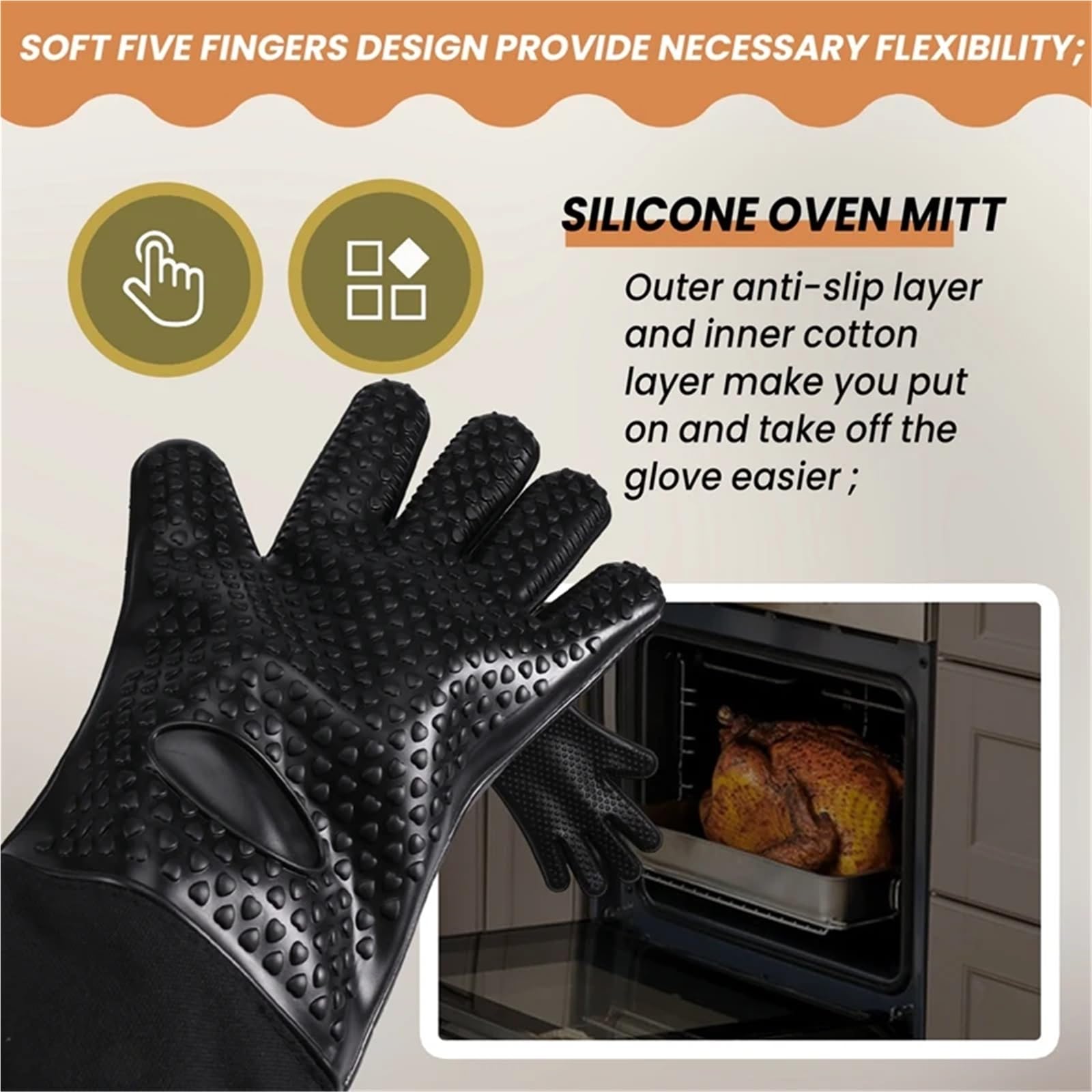 MRKU Guantes de Cocina extralargos de Silicona Profesional, Resistentes al Calor, con Forro Interior de algodón.