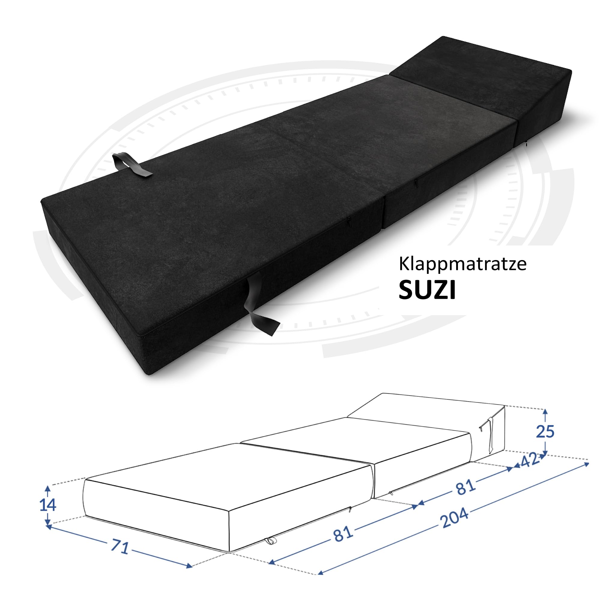 FDM Vouwmatras Suzi, 70 x 200 cm, koudschuim, gastenmatras, hoogte 14 cm, hardheidsgraad H3, Oeko-Tex, geschikt voor mensen met allergieën, overtrek Trinitity, wasbaar, zwart