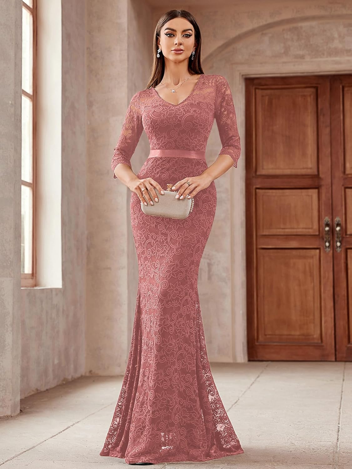 Miusol Women's Elegant V Neck Floral Lace Formal Evening Party Maxi Dress - Image 3