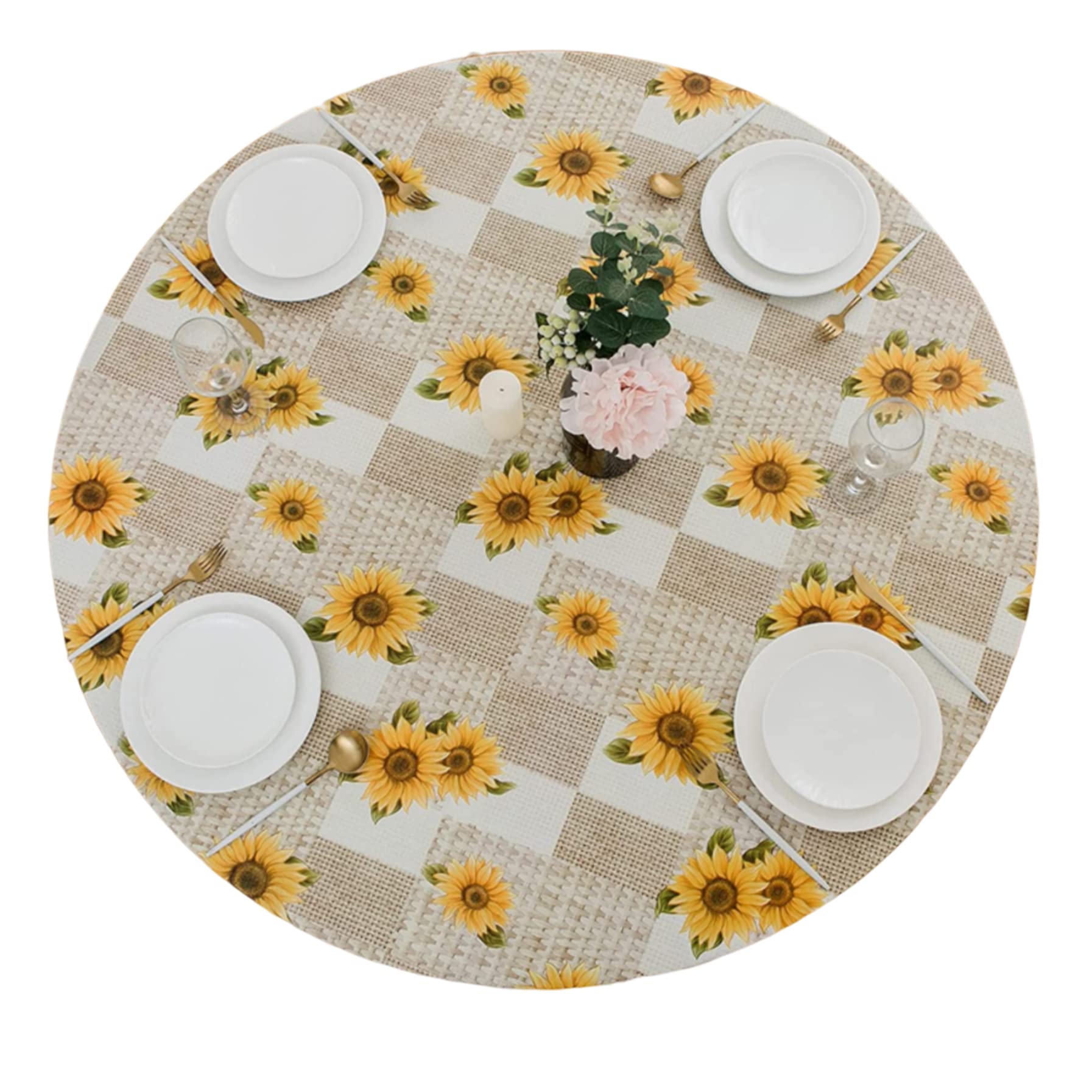 Nappe ronde ajustable tournesol imperméable table manger flanelle 110cm