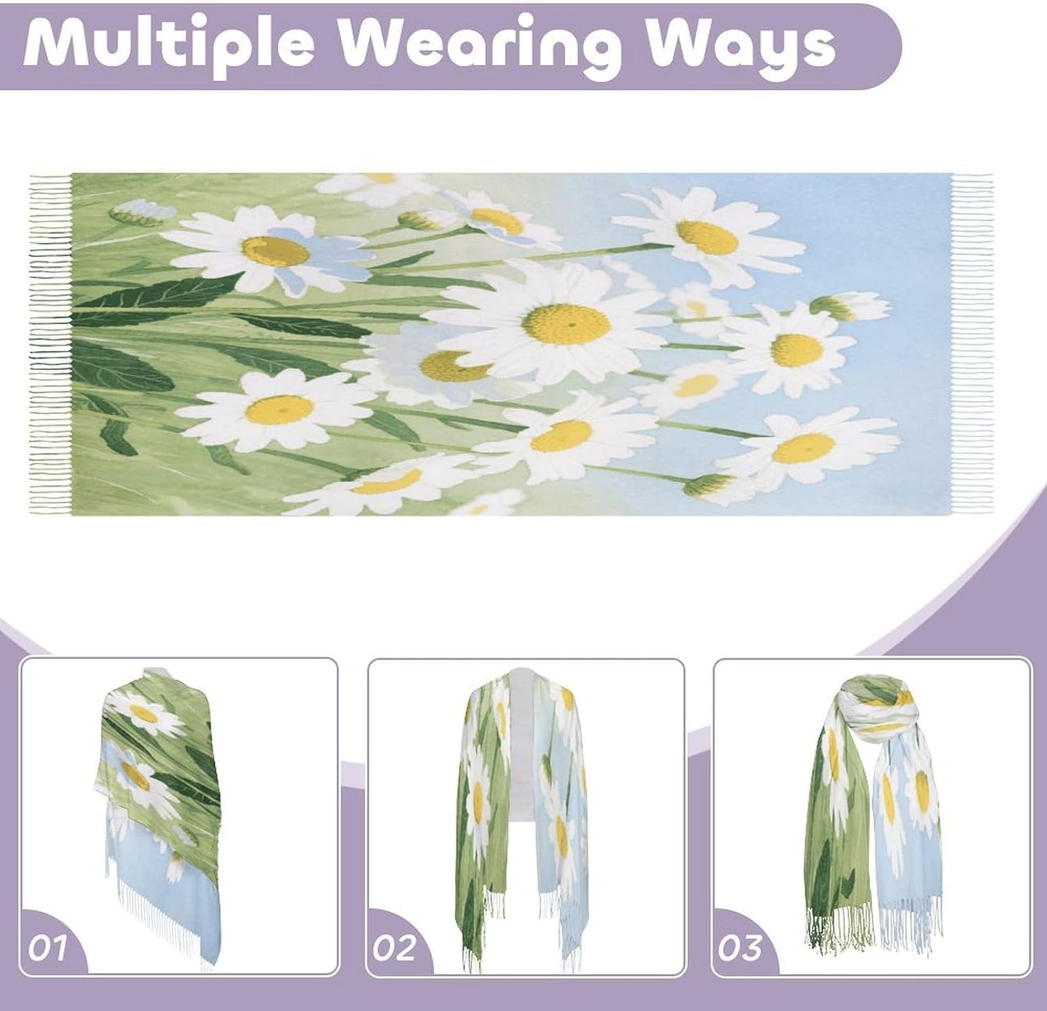 Watercolor Daisy Scarf for Women Men Classic Fashion Blanket Scarves Soft Cashmere Feel Scarf Cold Weather Warm Long Shawl Winter Large Scarves Classic Blanket Scarfs Thick