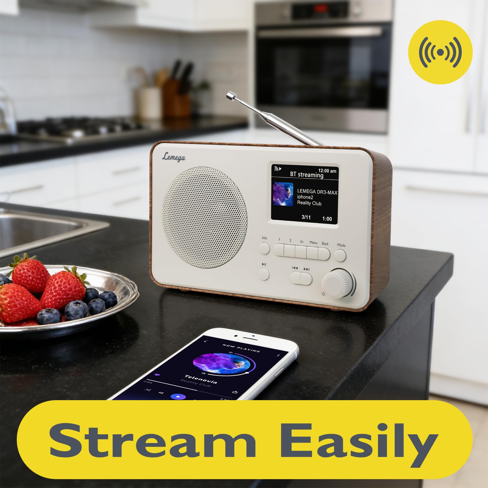 LEMEGA DR3-Max DAB+/DAB/FM Digitalradio – Mit Bluetooth, tragbares Radio mit 2,4 Zoll Farbdisplay, 80 Speicherplätzen, Kopfhöreranschluss, Netz- oder Batteriebetrieb,Walnuss