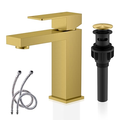 KENES Brushed Gold Bathroom Faucets, Modern Single Hole Lavatory Vanity