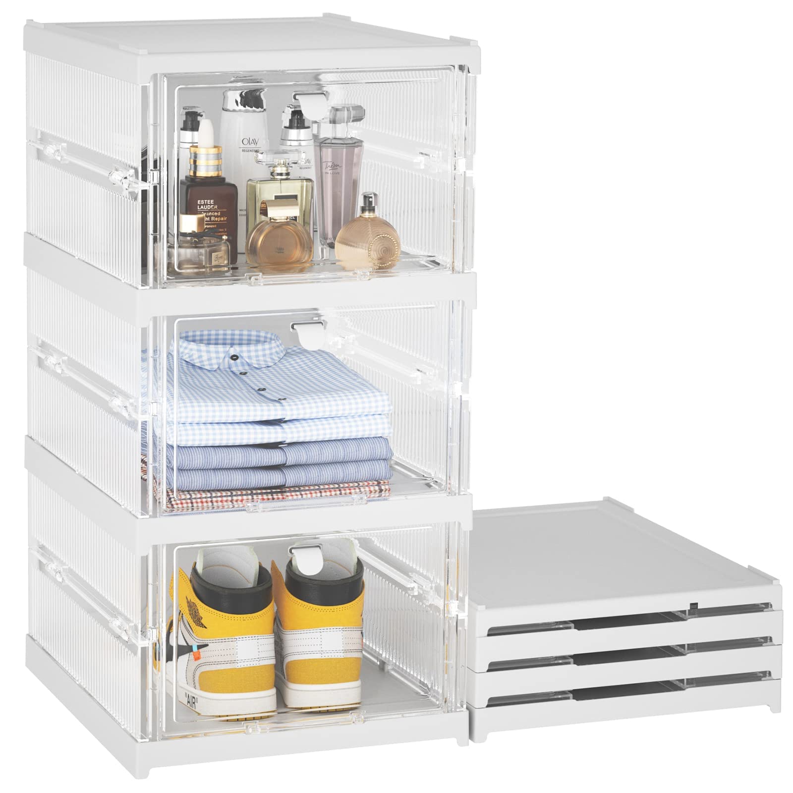 COOLBABY Plastic Storage Bins with Lids - Shoe Organizer Collapsible Stackable Totes Container for Organizing Foldable (3 Layers)