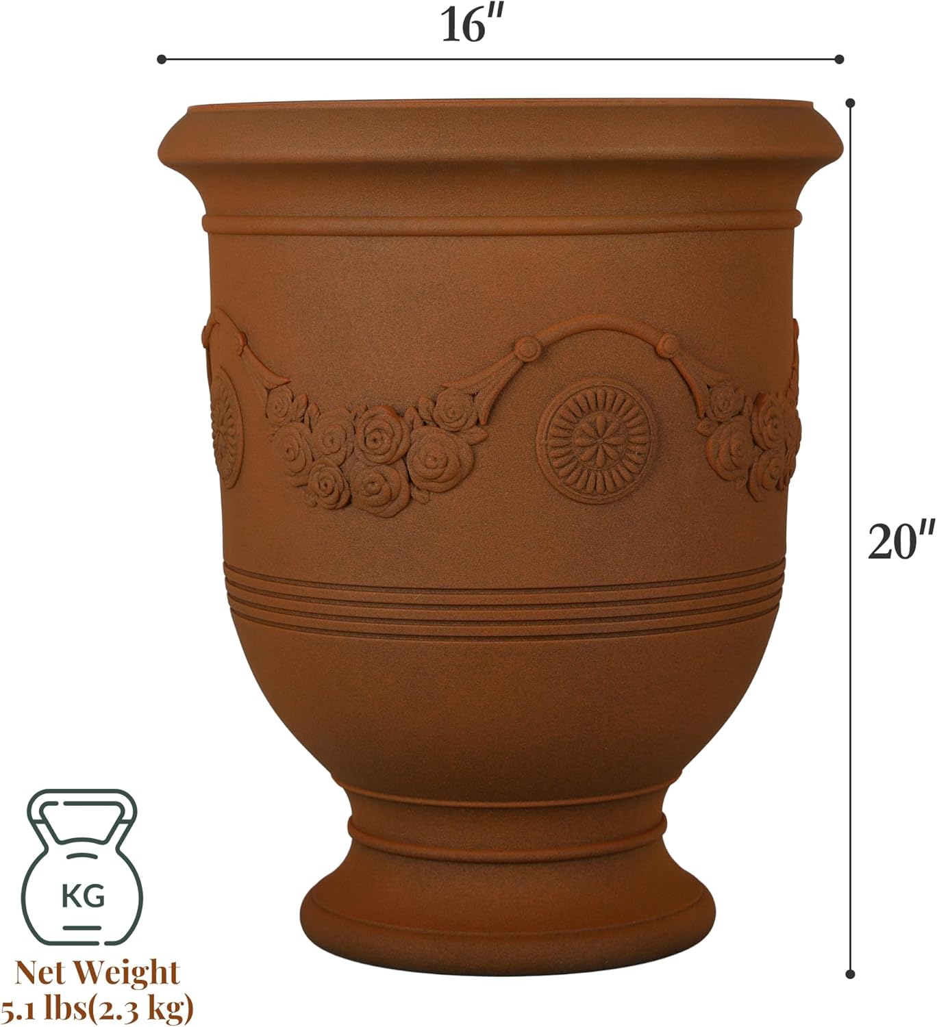 KOL Large Plastic Urn Planter - 16” Dia x 19” H Lightweight Classic Planter Pot with Cement Texture & Drainage Hole, Weather Resistant for Outdoor Plants, Patio, Garden Decor (Rusty)