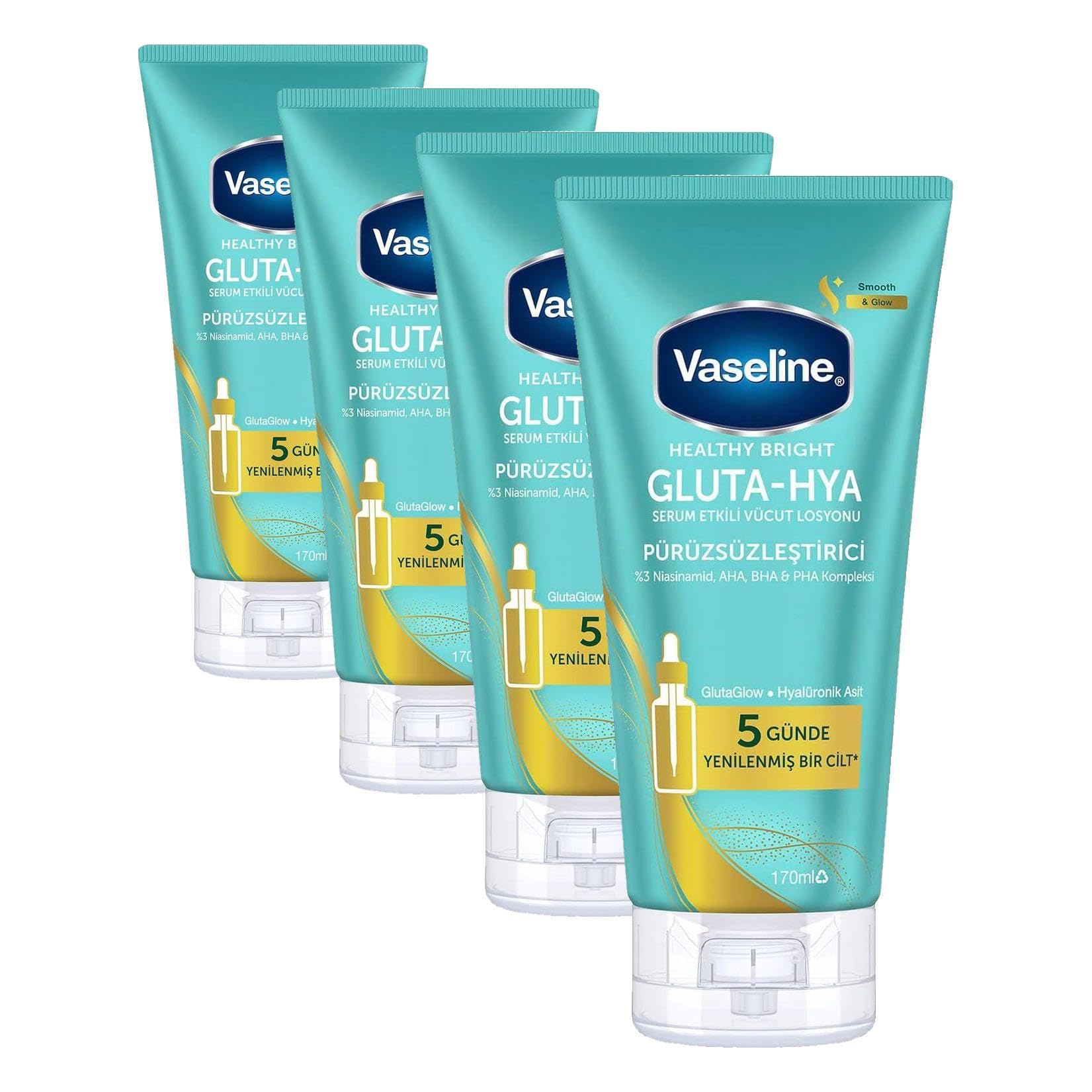 Vaseline Gluta-Hya Serum Etkili Vücut Losyonu, Pürüzsüzleştirici, 170 Mililitre (4 paketi)