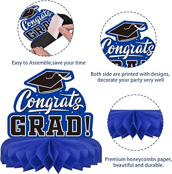 9PCS Graduation Party Decorations Class of 2026 Congrats Grad Table Centerpiece Congratulate Graduation Honeycomb Table Toppers for Graduation Party Supplies(Blue,Black)