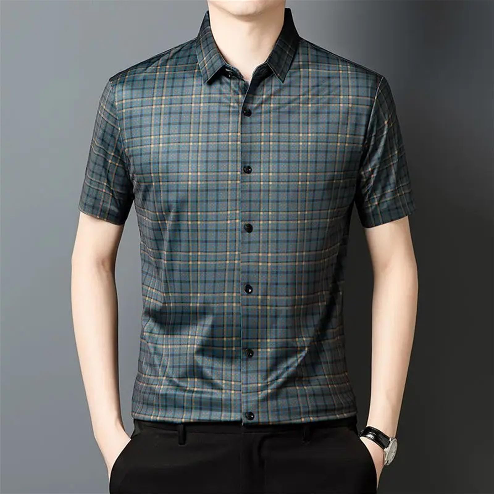 Camicia da uomo a maniche corte con bottoni, sottile, casual, resistente, design scozzese
