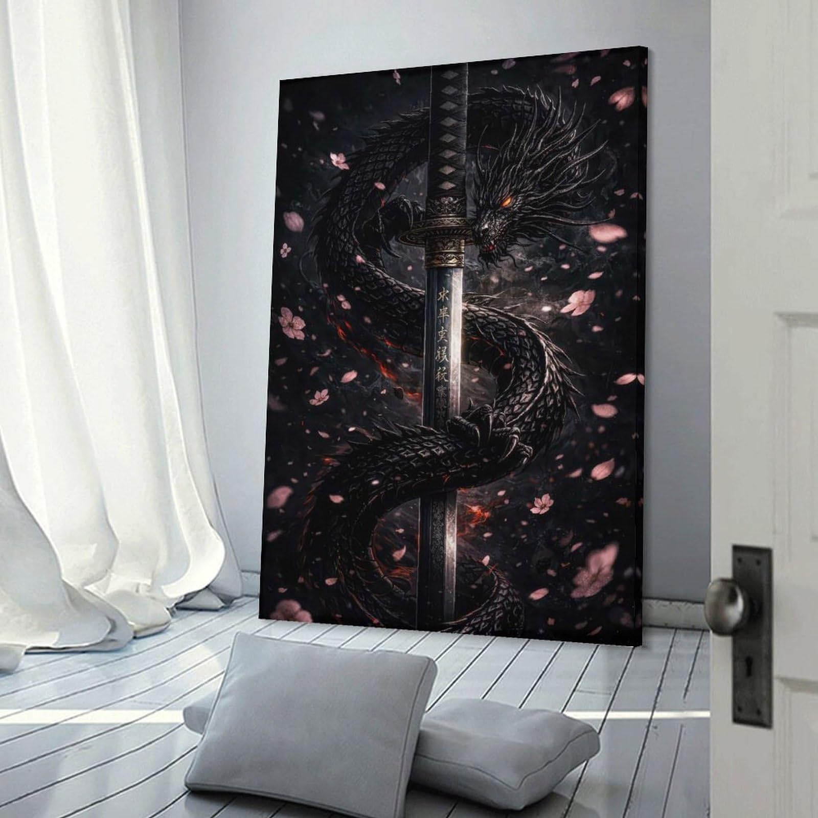 Junmoney Dragon And Katana with Cherry Blossoms Wall Picture Print 12x18inch(30x45cm), for Corridors, Hallways Or Apartment Entries, Wall Decor to Refresh Empty Corners