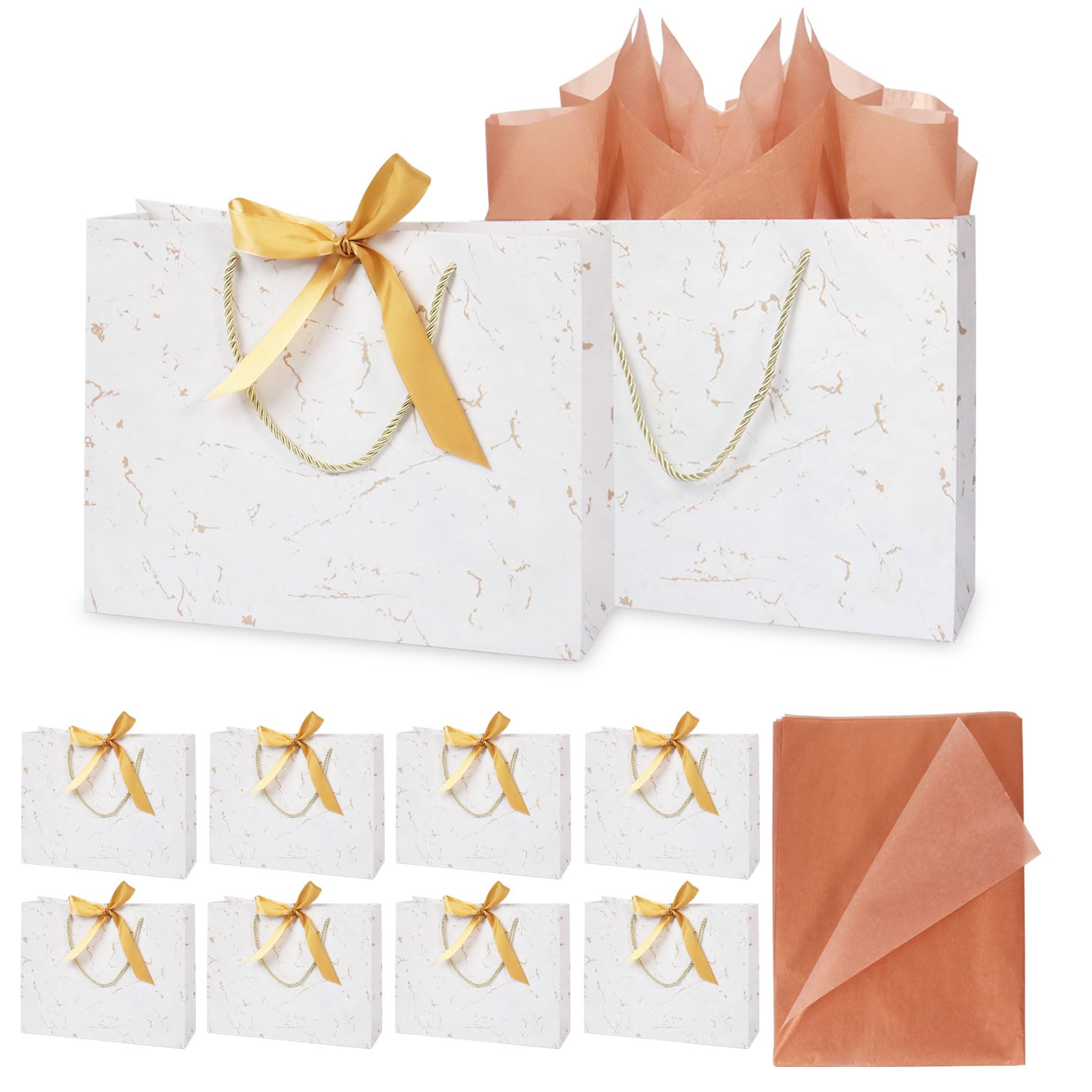 10Pcs White Gift Bags with Tissue Paper, 32× 25× 10cm Large Paper Gift Bags with Ribbons and Handles Marble Design Gift Bags Birthday Gift Bags for Birthday, Wedding, Baby Shower(Gold Ribbons)
