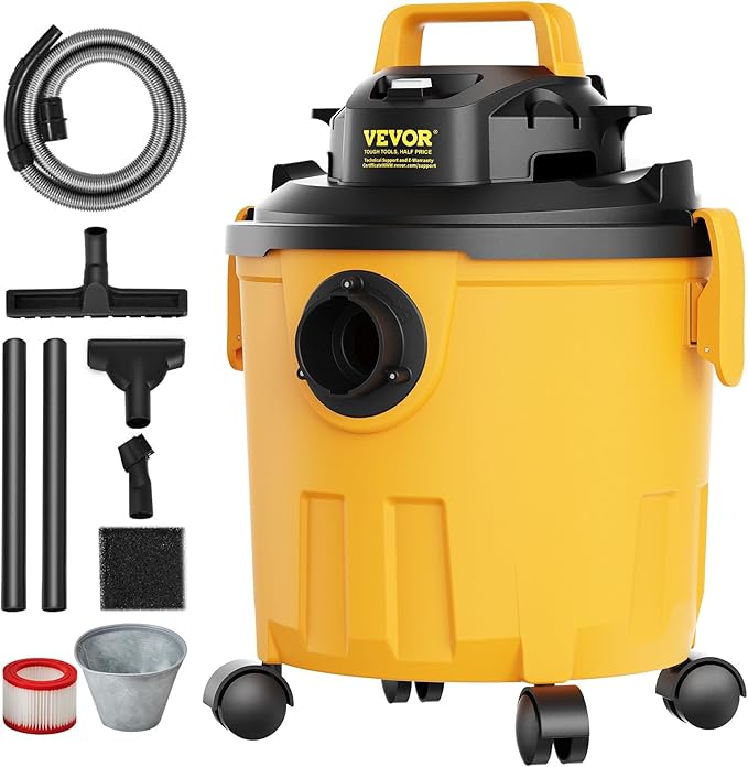 VEVOR Shop Vac Wet and Dry Vacuum Cleaner 5 Gallon 6 Peak HP - Powerful Suction with Blower Function & Attachments 2-in-1 Crevice Nozzle - Perfect for Car Carpet Debris Pet Hair Black/Yellow