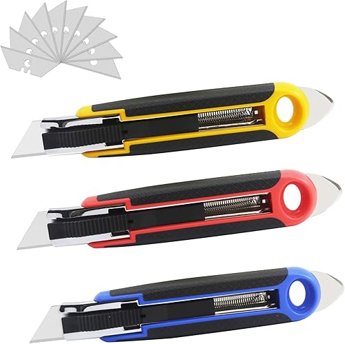 XW Cuchillo utilitario de seguridad auto retráctil, cortador de caja retráctil automático de varios colores, 10 cuchillas adicionales incluidas,