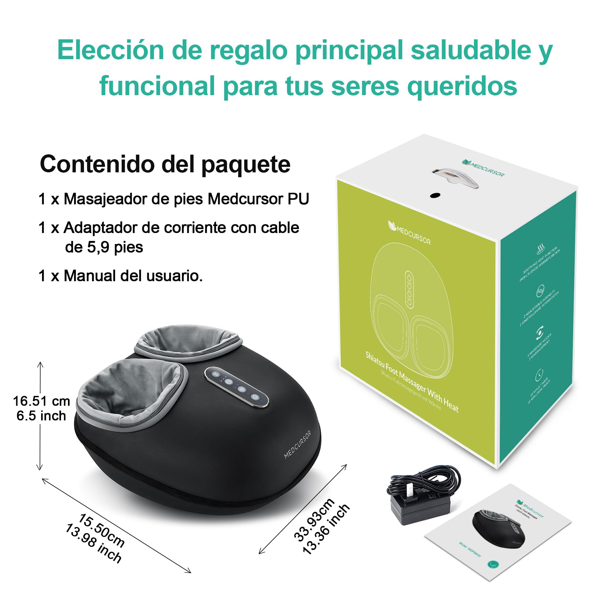 Máquina de masaje para pies de Medcursor con función de calor, masajeador de amasamiento profundo, ajustes de varios niveles e intensidad ajustable para uso en el hogar u oficina (negro)