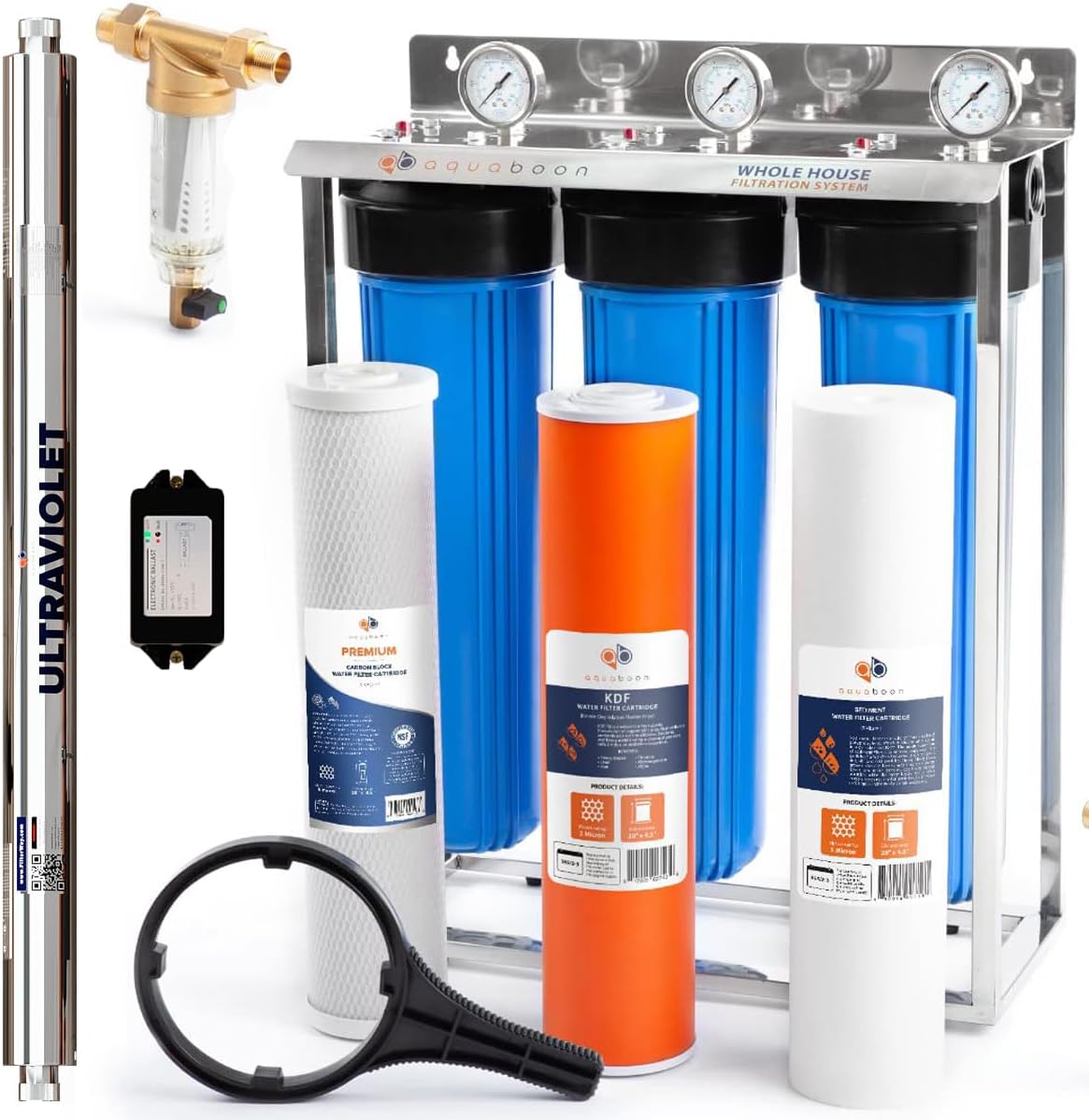 Aquaboon 20" 3 Stage Whole House Water Filtration System with Big Housings and Pressure Gauges - UV Lamp, KDF Filter, Carbon Block, Sediment Filter Cartridges, Steel Frame