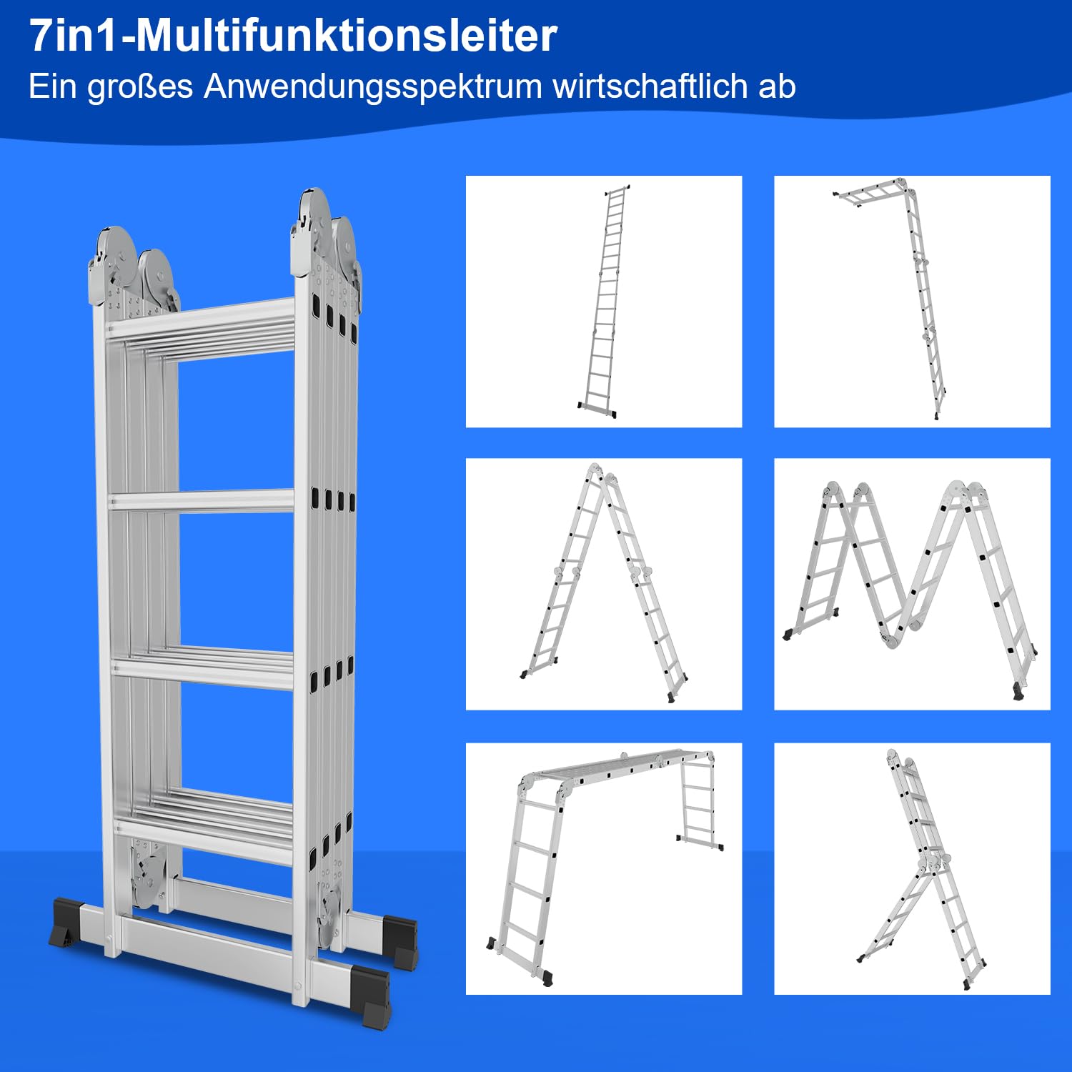 𝐂𝐞𝐜𝐚𝐲𝐥𝐢𝐞 Escalera Multiusos de Aluminio, 470 cm, 4 x 4 m, Escalera Plegable Multifuncional con 2 Placas de andamio y 2 Ruedas, 12 peldaños, Escalera 7 en 1, Estable y portátil