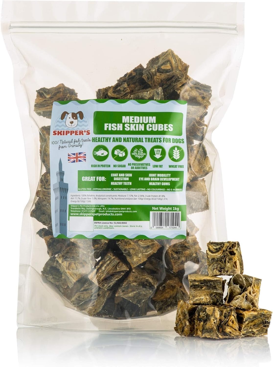 SKIPPER'S Dried Fish For Dogs - Whitefish Skin Jerky Cubes Dog Treats 100% Natural, Healthy, Grain Free & Low Fat - BULK VALUE (Cube Size Medium, 1kg Pack)