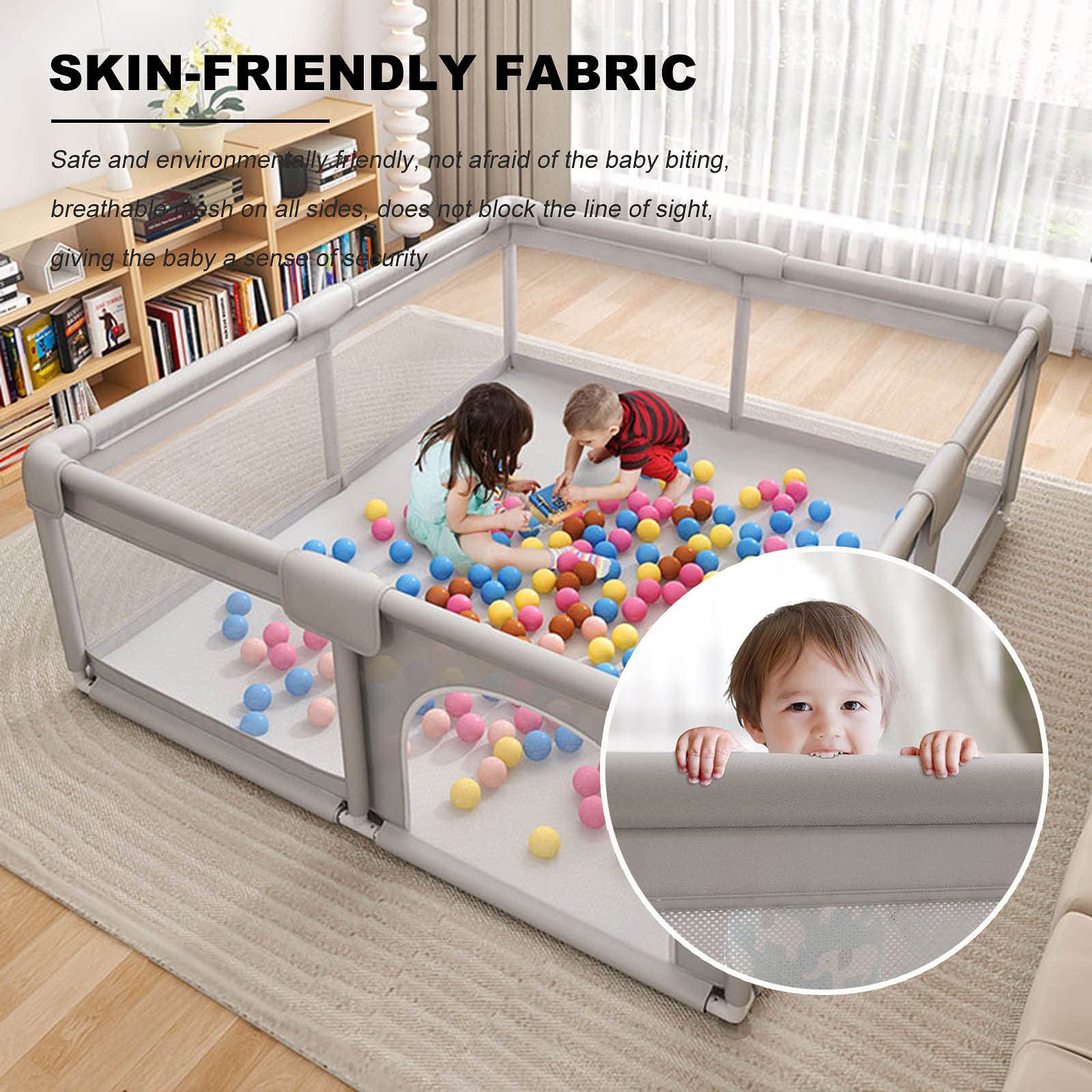 Jolan Baby Playpen,Baby Fence with Zipper Door,68cm High,Safety Playard Playpen for Kids Toddlers,Toddlers,Breathable/Drop-Proof/Portable Crawling Fence,for Indoor Outdoor Home,Grey-120×180cm