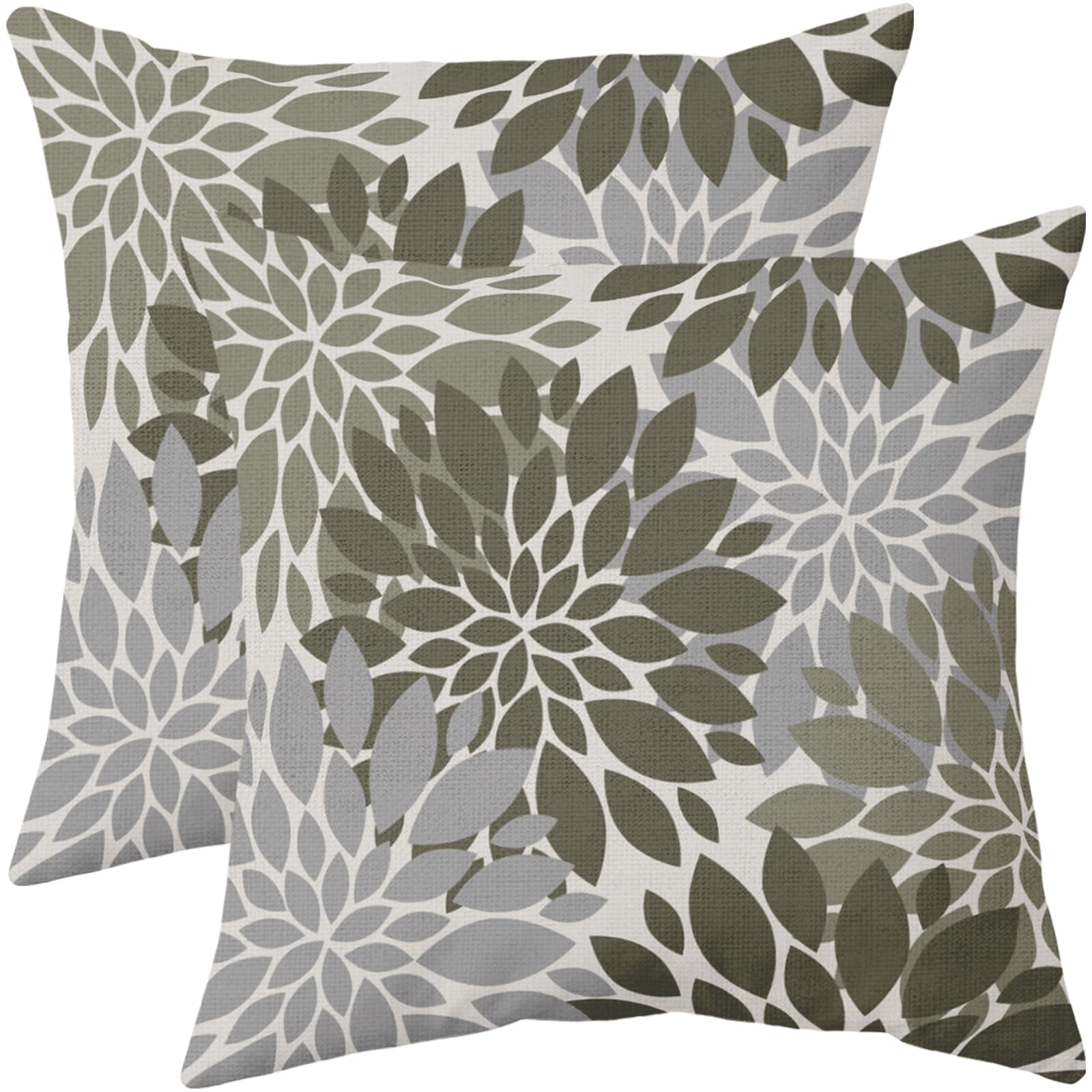 Olive Green Flower Pillow Covers 18x18 Set of 2 Grey Gray Dahlia Modern Geometry Floral Decorative Throw Pillows Outdoor Farmhouse Holiday Pillowcases Cushion Case Decor for Home Sofa Couch Bed