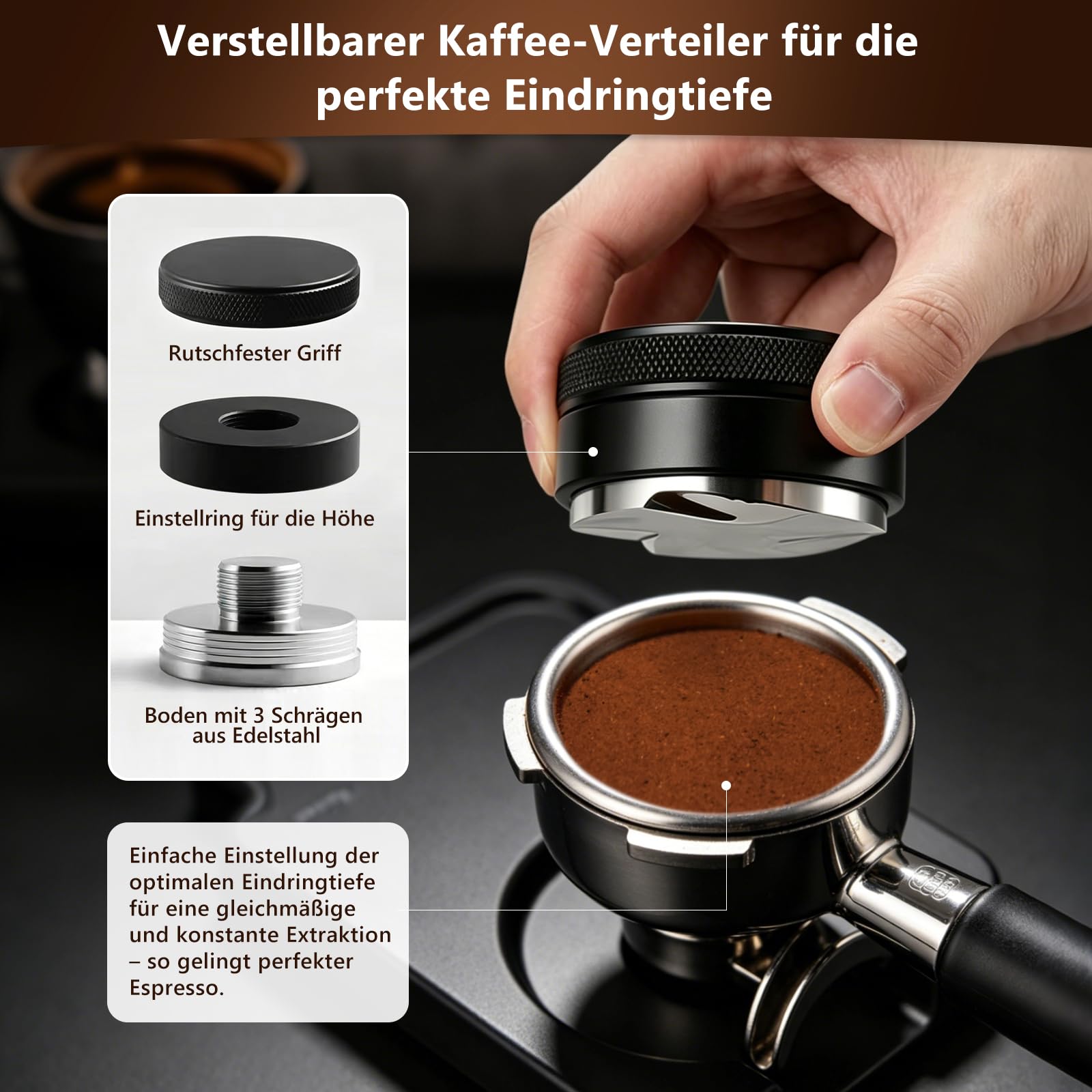 Espresso Zubehör Set 7tlg. – WDT Tool, Tamper, Distributor, Dosierring & Tamperstation | Barista Set aus Edelstahl für Siebträgermaschinen | Schritt-für-Schritt Zubehör für Café (58mm)
