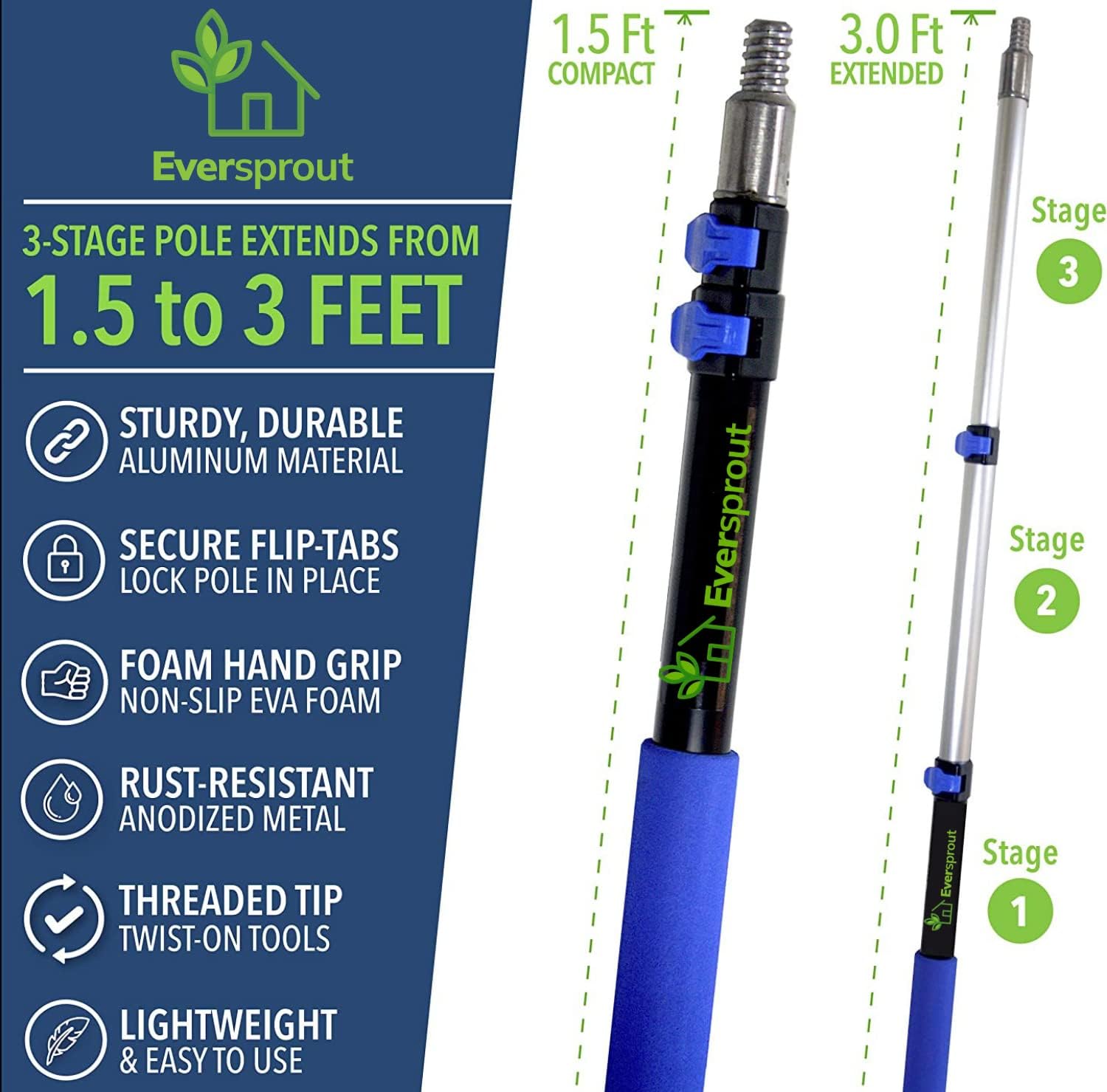 EVERSPROUT 1.5-to-3 Foot Utility Hook with Extension Pole (8 Foot Standing Reach) | Installing and Hanging Christmas/String Lights, Birdfeeders, Reaching High Places | Lightweight, Telescoping Pole