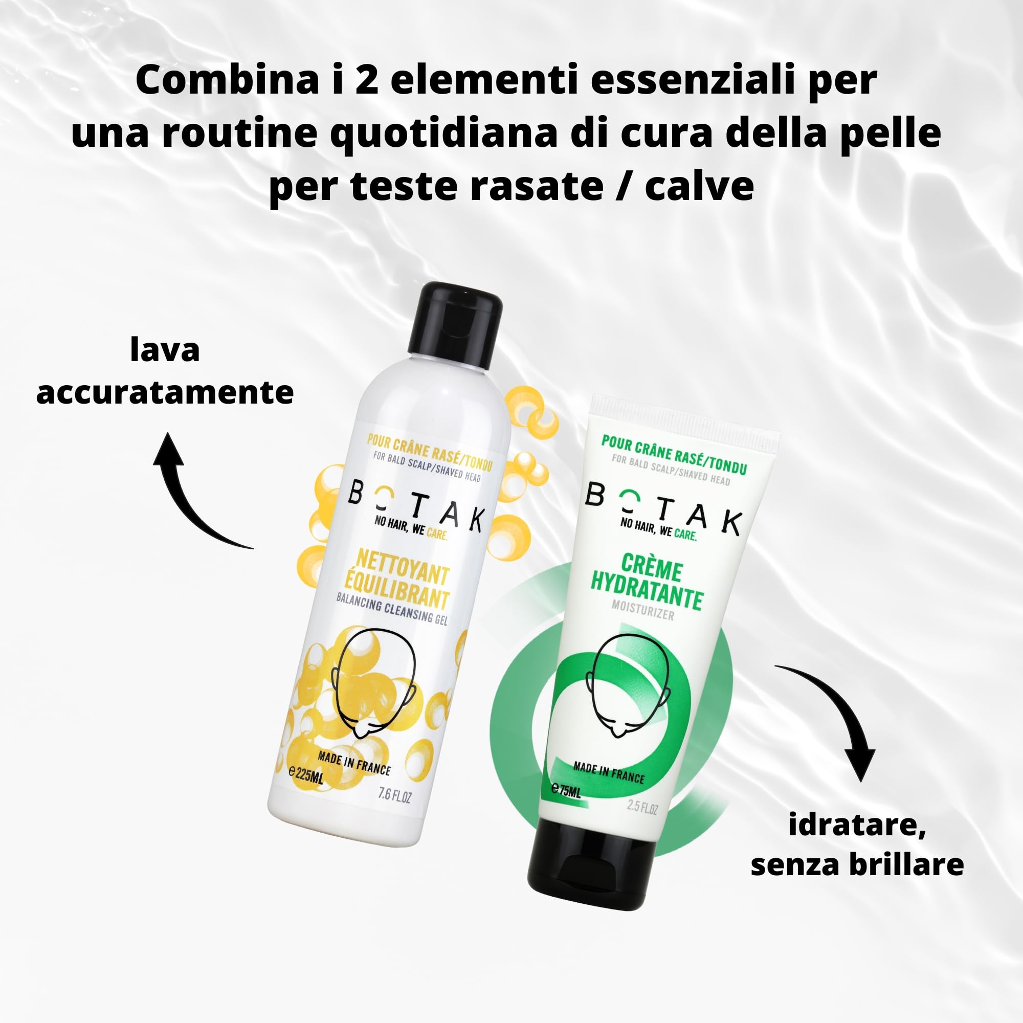 BOTAK Cofanetto Regalo Routine Quotidiana Testa Rasata e Calva | Francese | Detergente equilibrante 99% e Crema Idratante 97% di origine naturale, Vegan, Regalo ideale per Uomo e Papà