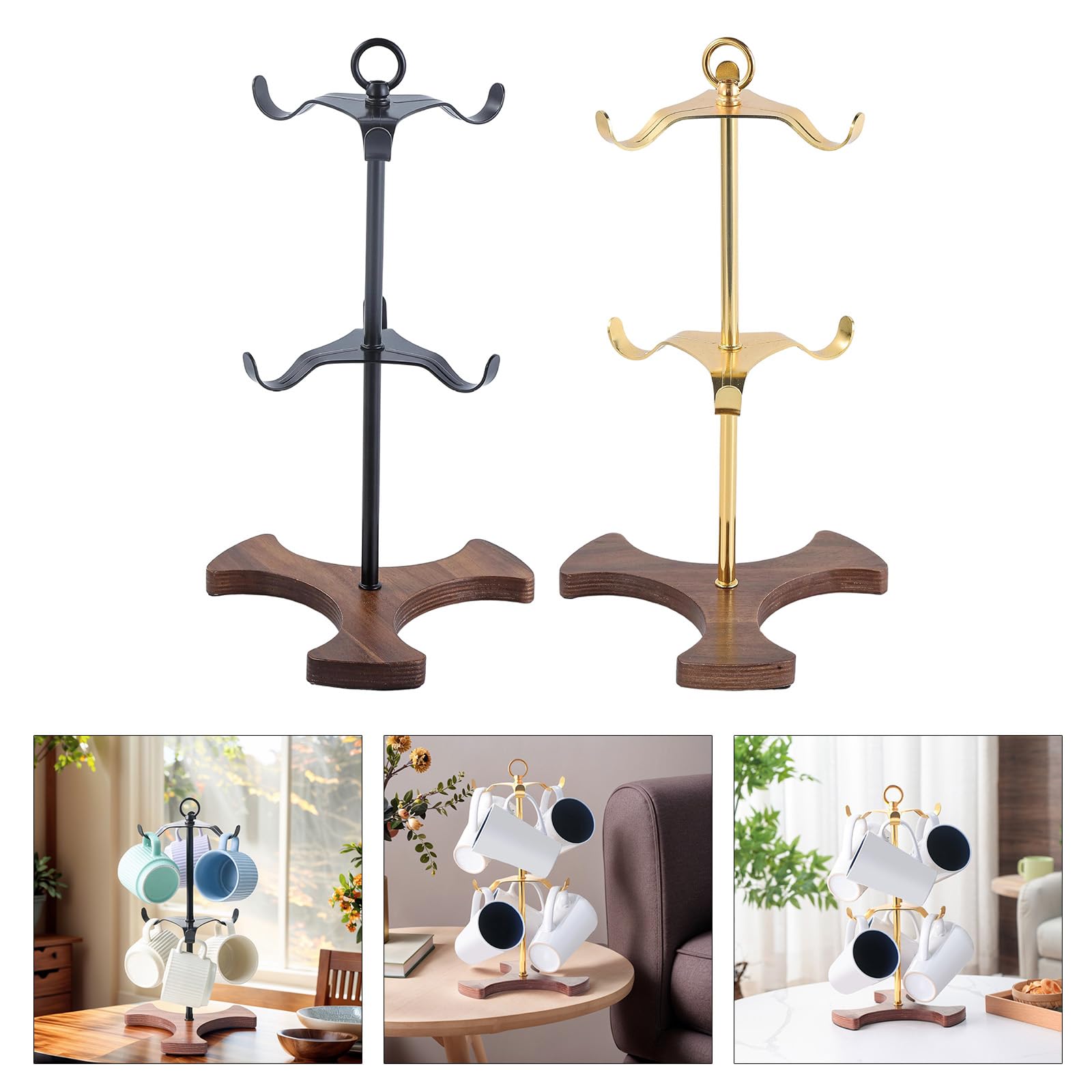 Ozeau Space Saving Coffee Cup Tree for Countertops Nonslip Wooden Base Mug Storage with 6 Hangers for Parties
